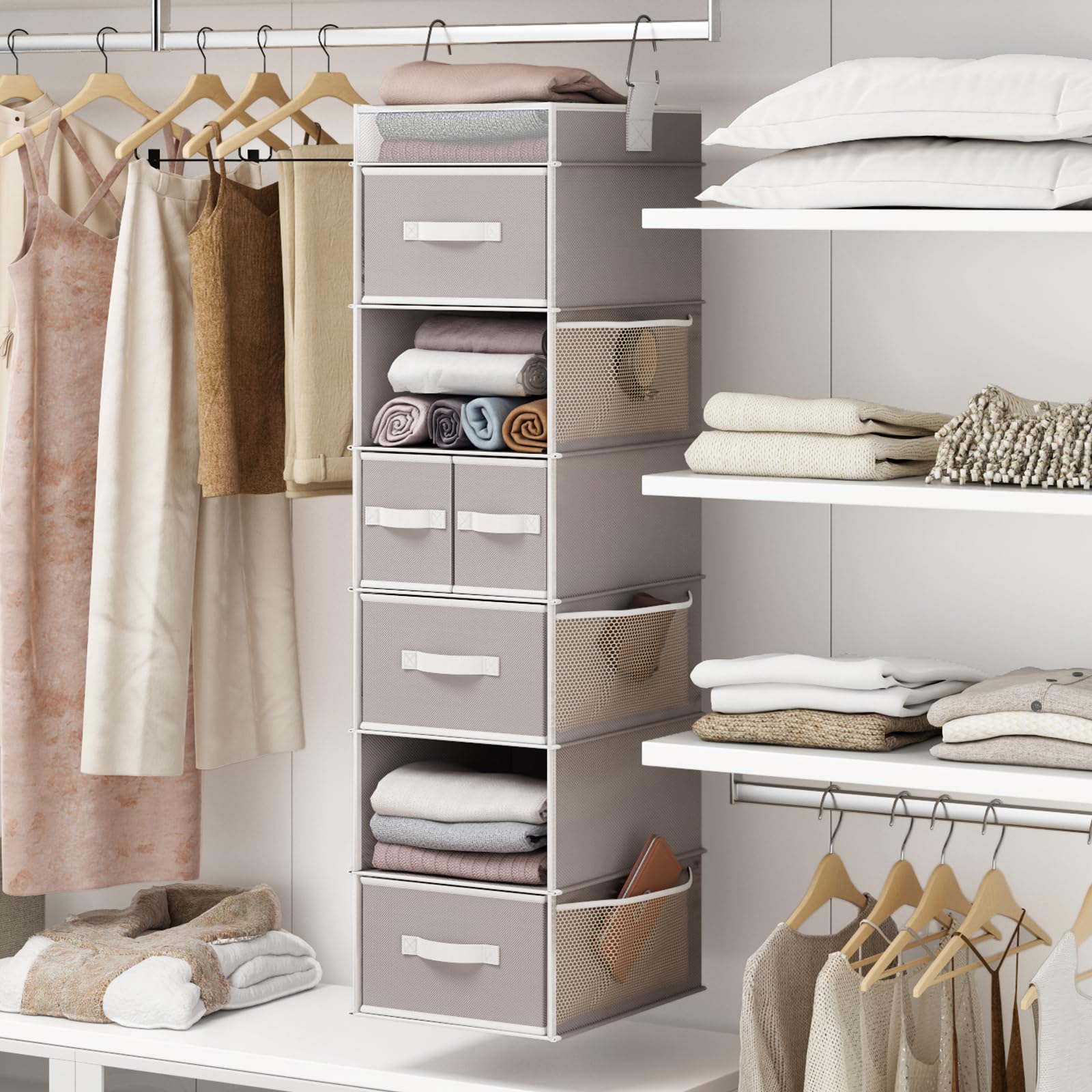 Fixwal 7-Shelf Hanging Closet Organizer with 5 Removable Drawers & 6 Side Pockets - Space Saving Storage for Bedroom, Closet, or Garment Rack - Light Gray - Perfect for Organizing Clothes, Shoes, Toys & Accessories