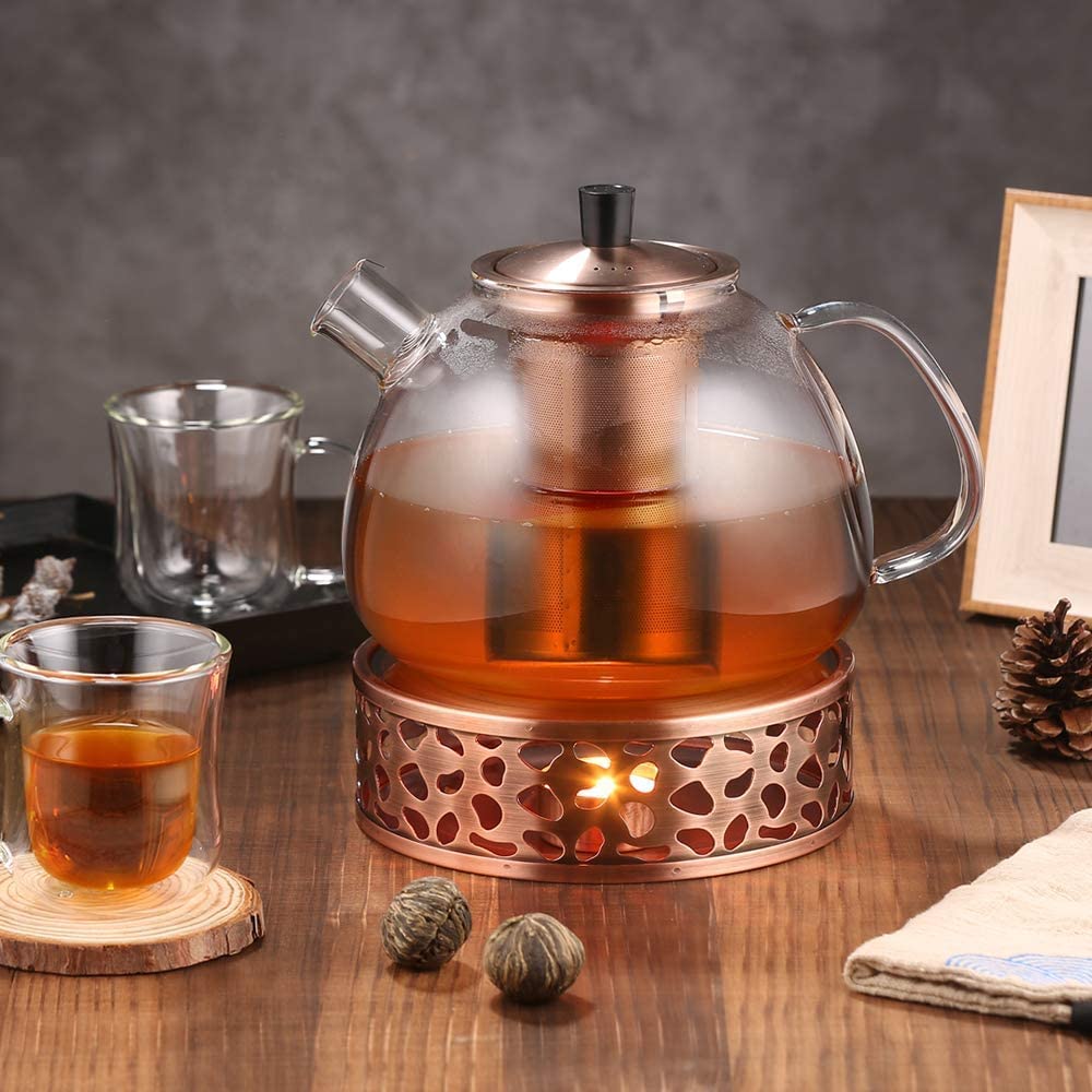 51oz Large Glass Teapot with Infuser - Stovetop Safe Loose Leaf Tea Pot, 1500ml Clear Glass Tea Kettle with Strainer for Stove Top (6 Cups, Bronze) - Perfect for Home, Office & Tea Ceremonies