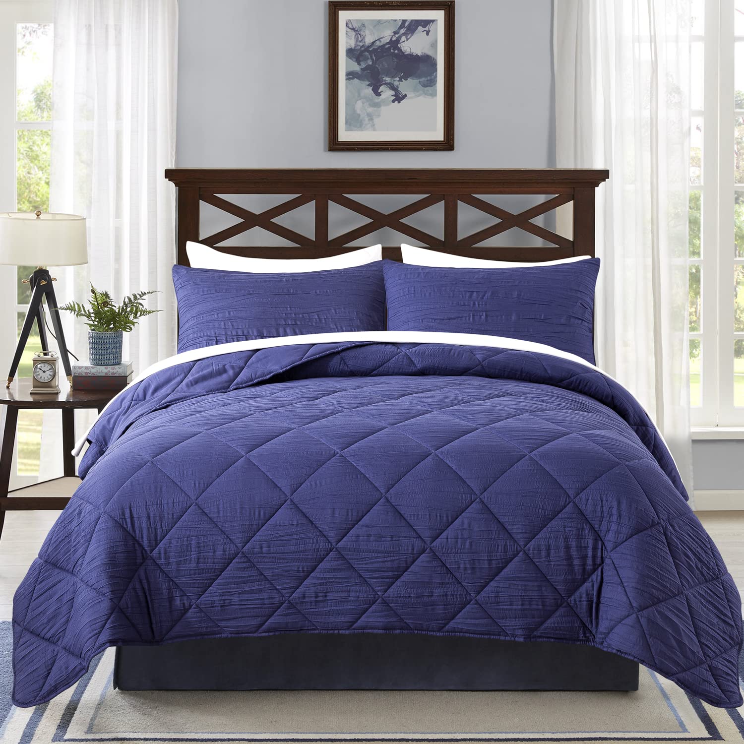 JML 3-Piece King Size Comforter Set with 2 Pillow Shams - Lightweight Farmhouse Vintage Quilted Design, All Season Down Alternative Bedding in Navy Blue | Perfect for Master Bedroom, Guest Room & Cozy Farmhouse Decor