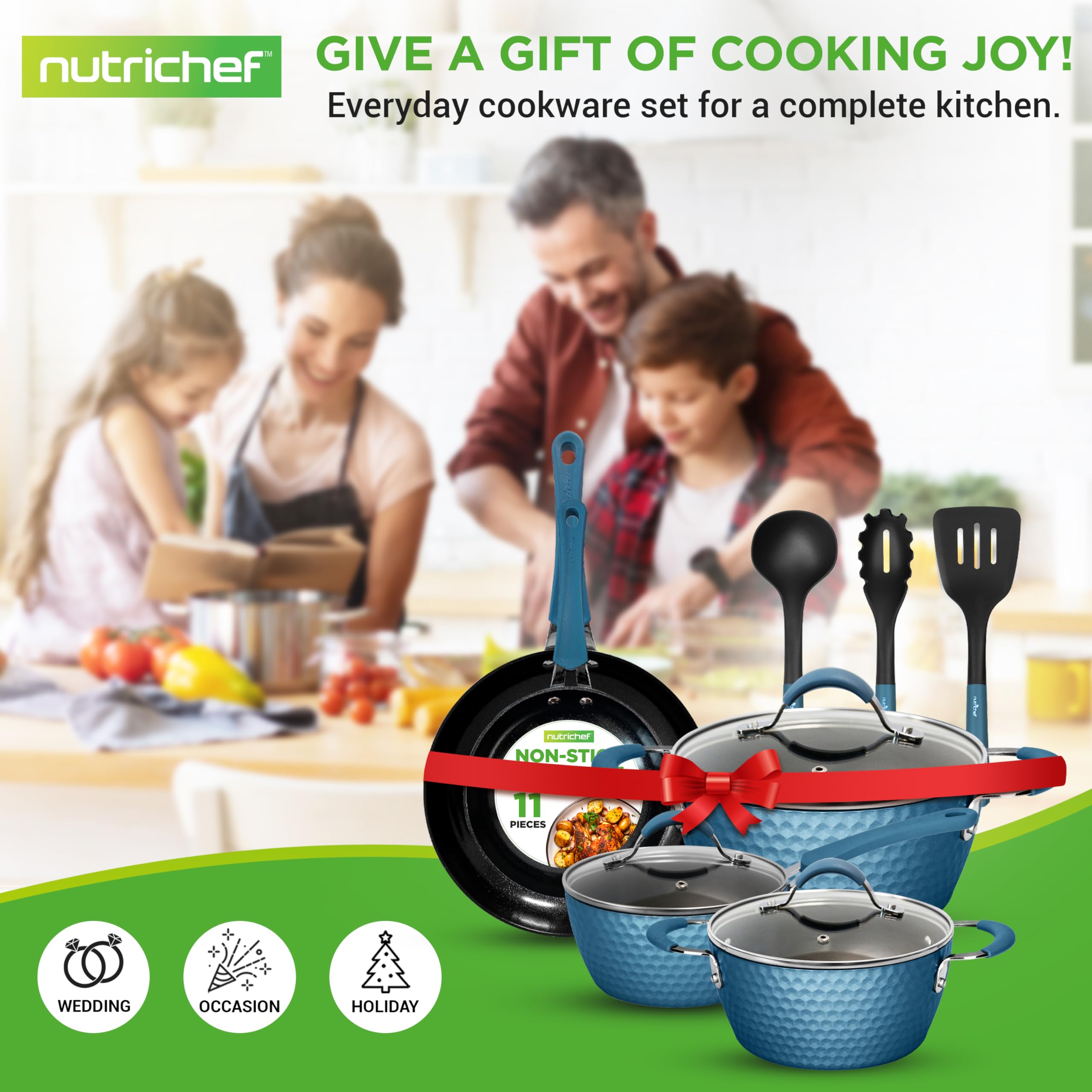 NutriChef 11-Piece Ceramic Nonstick Cookware Set - Blue Diamond Coating, Induction Compatible, Includes Saucepan, Frying Pans & Dutch Oven with Utensils, Dishwasher Safe - Perfect for Healthy Cooking, Family Meals & Professional Kitchens - NCCW11BD.7