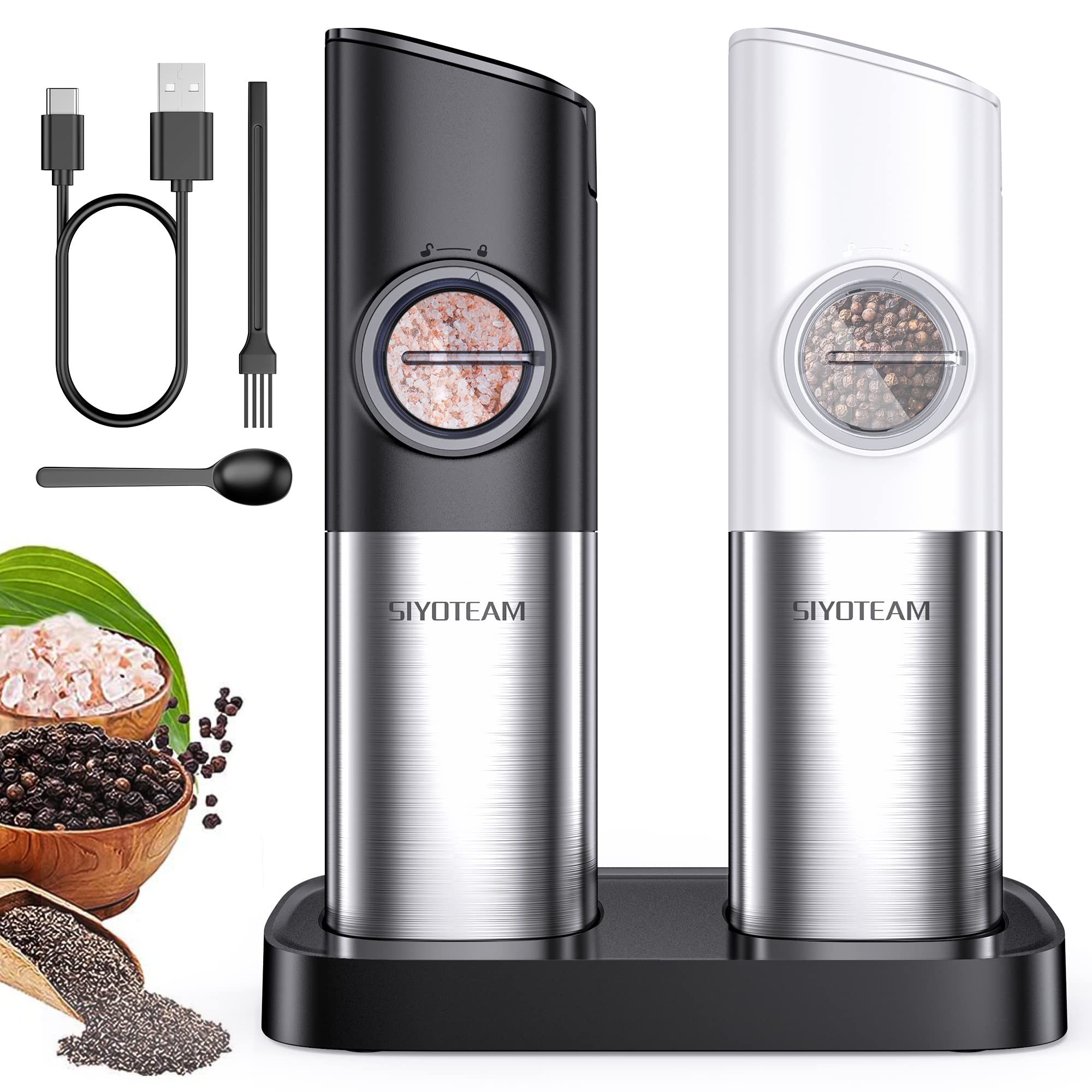 Premium Electric Salt and Pepper Grinder Set - Rechargeable Automatic Gravity Spice Mill with Adjustable Coarseness & Large Capacity - Perfect for Kitchen, Dining Table & Outdoor Cooking