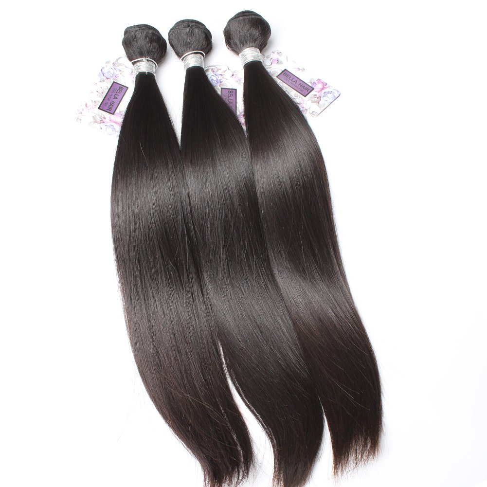 Bella Hair 3 Bundles Peruvian Virgin Hair 100% Human Hair Weave - Silky Straight Natural Black Color (34