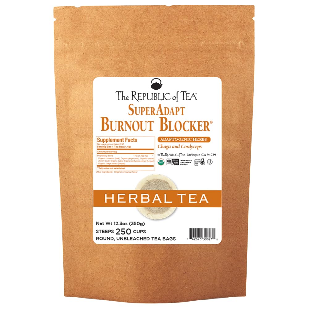 The Republic of Tea - Burnout Blocker SuperAdapt Herbal Tea, 250 Count Caffeine-Free Stress Relief Tea Bags | Natural Relaxation & Focus Support for Work, Study & Daily Wellness