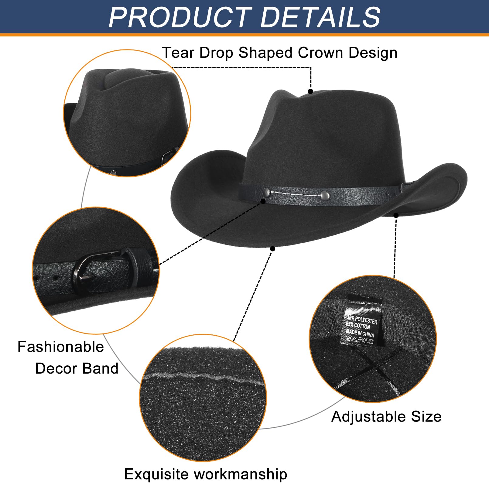 GEMVIE Crushable Roll-Up Brim Cowboy Hat for Men & Women - Western Style Cowgirl Hat with Belt Buckle - Perfect for Rodeo, Country Music Festivals & Outdoor Adventures