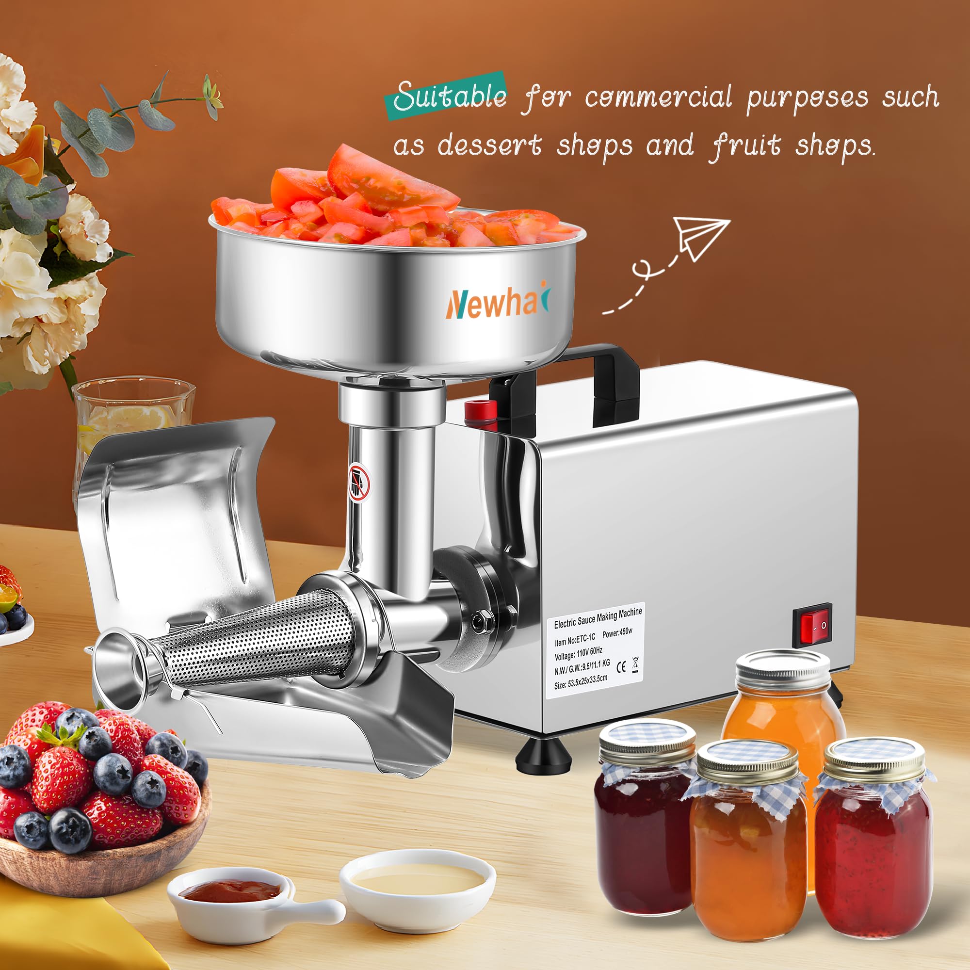 Newhai 450W Electric Tomato Strainer - Professional Grade Kitchen Tool for Making Sauces, Purees & Juices - Perfect for Home Canning, Italian Cooking & Restaurant Use