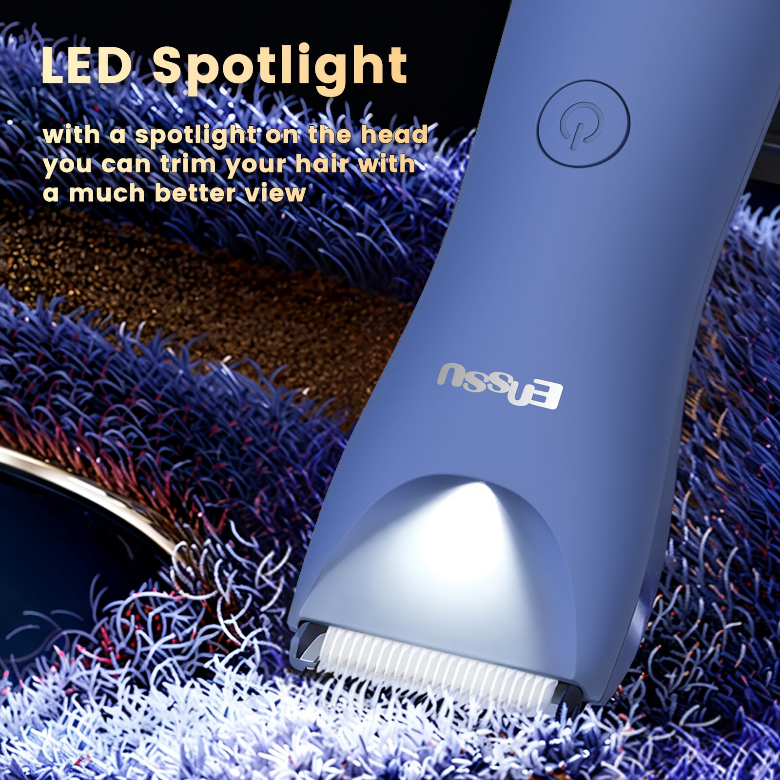 ENSSU Rechargeable Men's Body Hair Trimmer with LED Light & Waterproof Design - Pubic, Chest & Ball Trimmer with Charging Dock & Indicator (Blue) - Perfect for Travel, Gym & Home Grooming