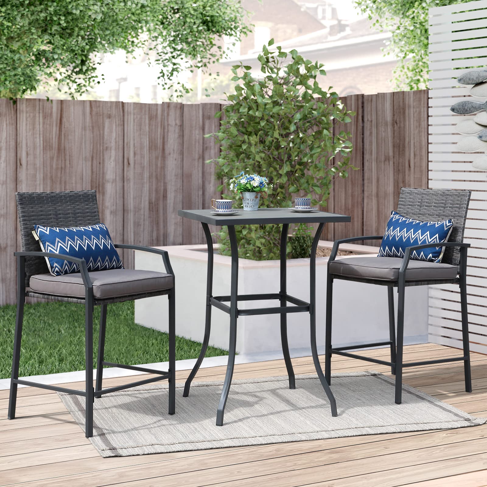 JOIVI 3-Piece Outdoor Patio Bar Set - Counter Height Wicker Bar Stools with Wood Top Table & Cushions - Perfect for Backyard, Balcony, Deck or Poolside Dining for 2 People - Ideal for Entertaining, Relaxing & Outdoor Gatherings