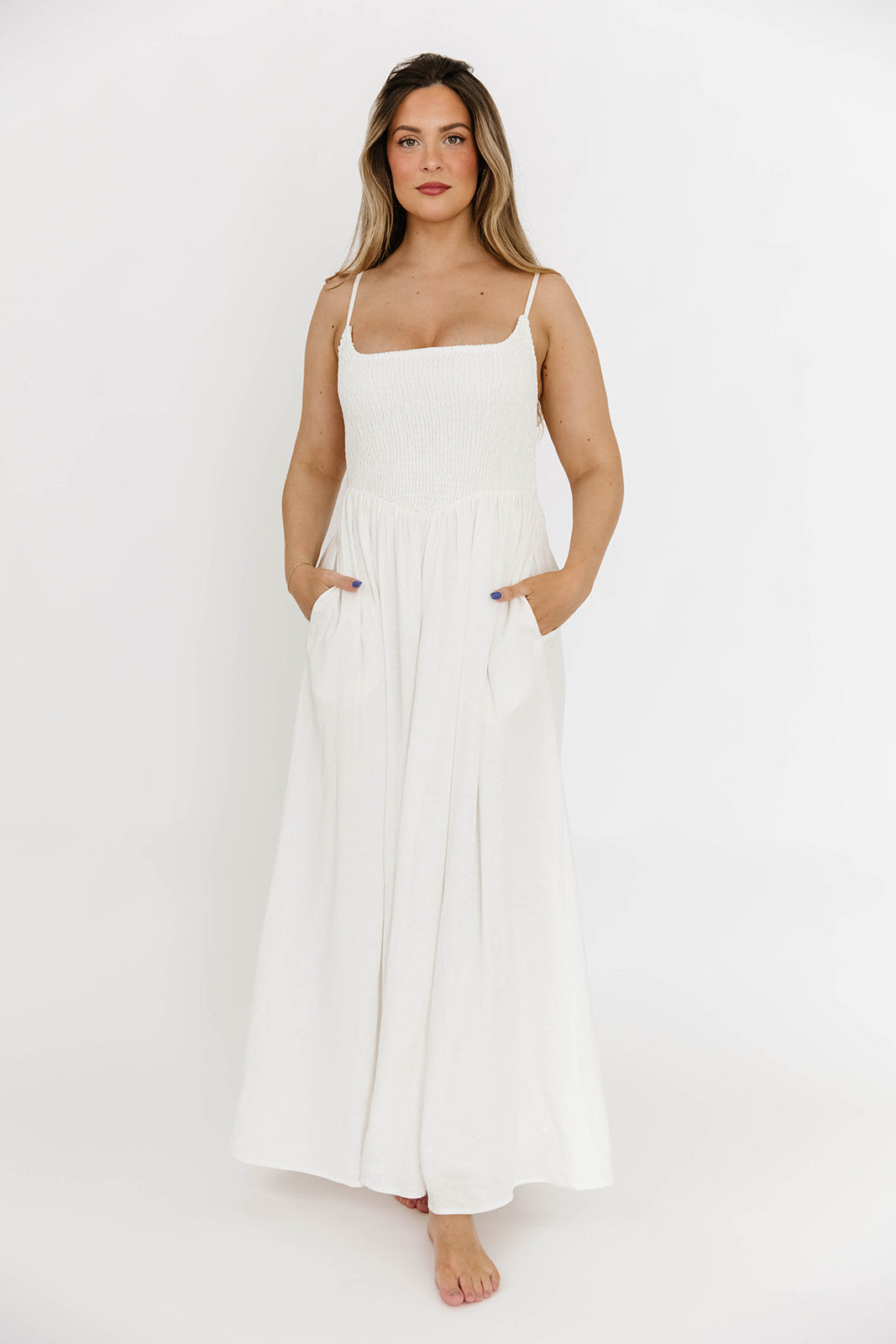 Josefina Off White Smocked Maxi Dress for Women - Elegant Summer Beach Wedding Party Dress