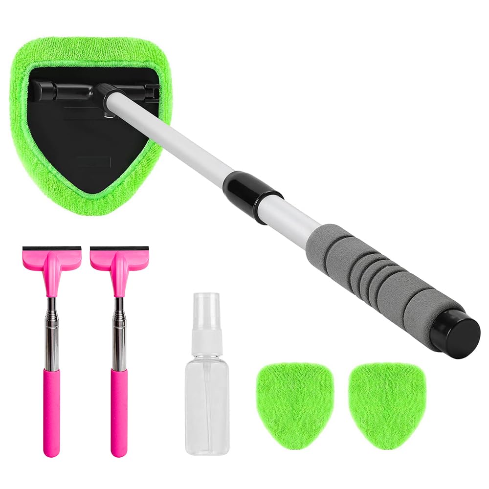 XINDELL 24Inch Extendable Car Window Cleaner with Spray Bottle & Microfiber Bonnets - Long Handle Windshield Washer Kit for Cars, Trucks, SUVs - Perfect for Home, Garage & Auto Detailing
