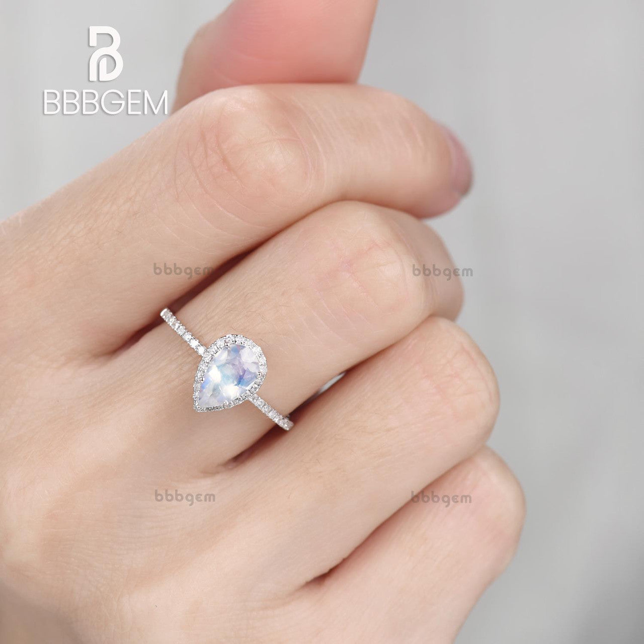 18K White Gold Water Drop Moonstone Ring with Diamond Halo | European & American Fashion Jewelry for Women | Perfect for Weddings, Parties & Everyday Elegance