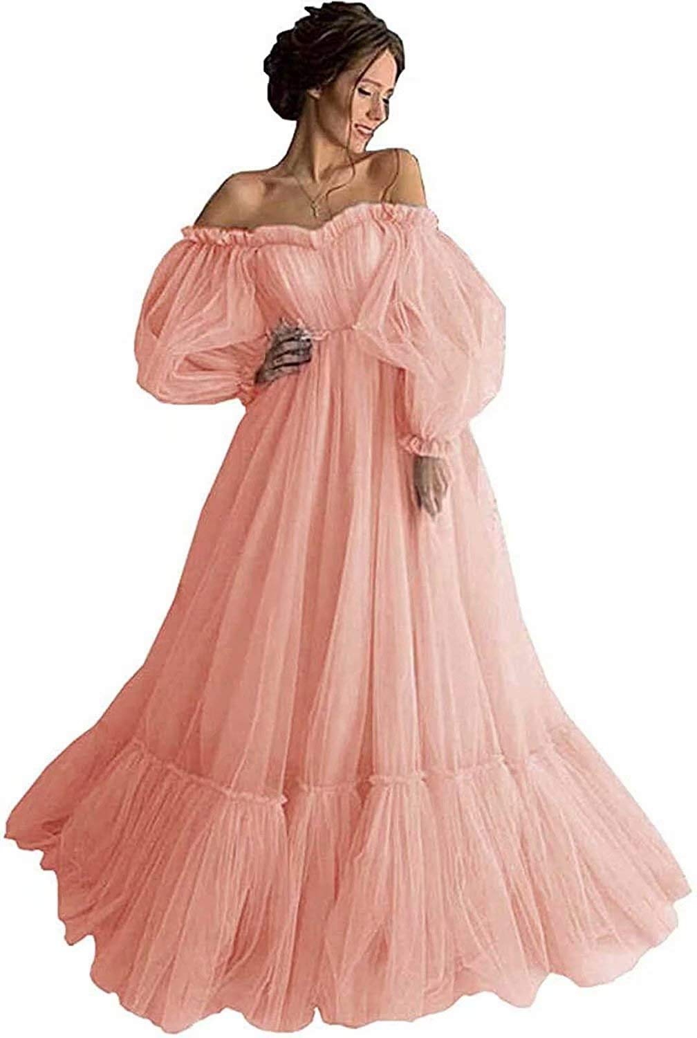 Elegant Off Shoulder Long Ruffle Sweetheart Tulle Prom Dress for Women - Ball Gown with Puffy Sleeves for Formal Events, Weddings & Evening Parties