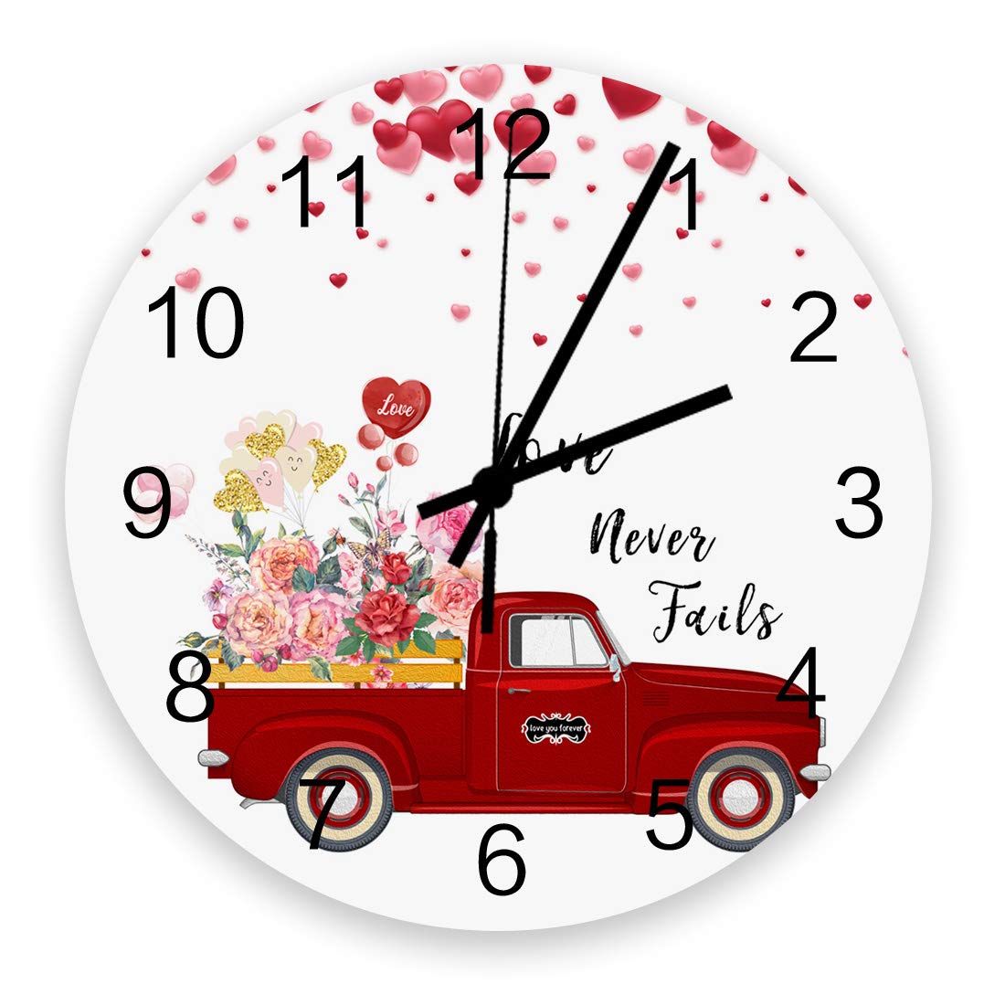 BABE MAPS 12 Inch Silent Non-Ticking Wooden Wall Clock - Valentine's Day Decor with Red Truck & Watercolor Rose Design - Perfect for Kitchen, Living Room, Bedroom, Office - Battery Operated Rustic Home Decor Gift