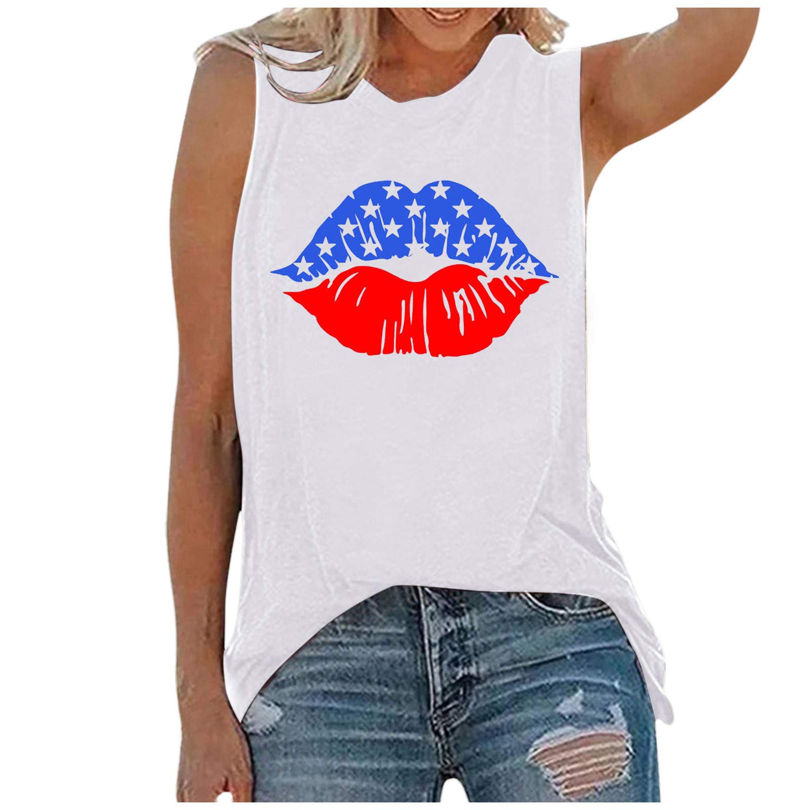 Women's Casual Graphic Tees - American Flag Lips Sleeveless Tank Top | Spring Summer Fashion T-Shirt for Streetwear, Beach Outfits & Casual Wear
