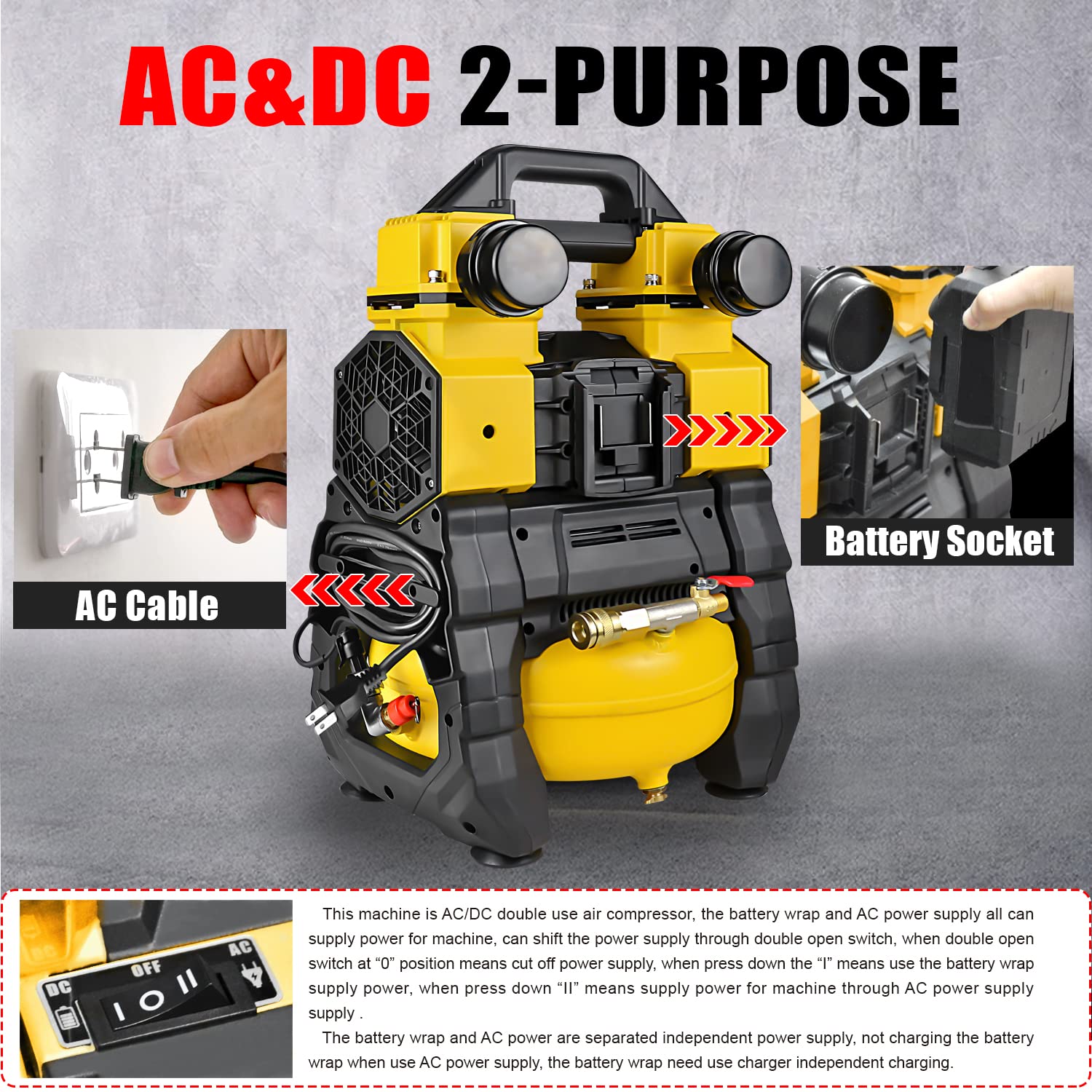 Dual-Purpose AC/DC Air Compressor - 2-in-1 Quiet Tire Inflator & Oil-Free Air Pump with 1.5 Gallon Aluminum Tank | Portable for Cars, Bikes, Sports Equipment & Home Use