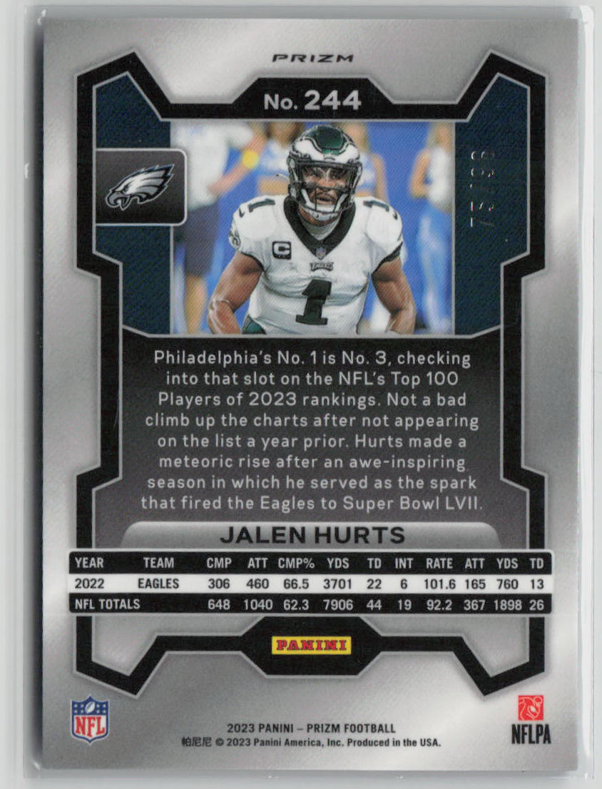 2023 Panini Prizm Jalen Hurts Blue Sparkle Parallel Card #244/96 - Rare Football Trading Card for Collectors & Fantasy Sports Fans - Perfect for Display, Investment and Game Day Memorabilia