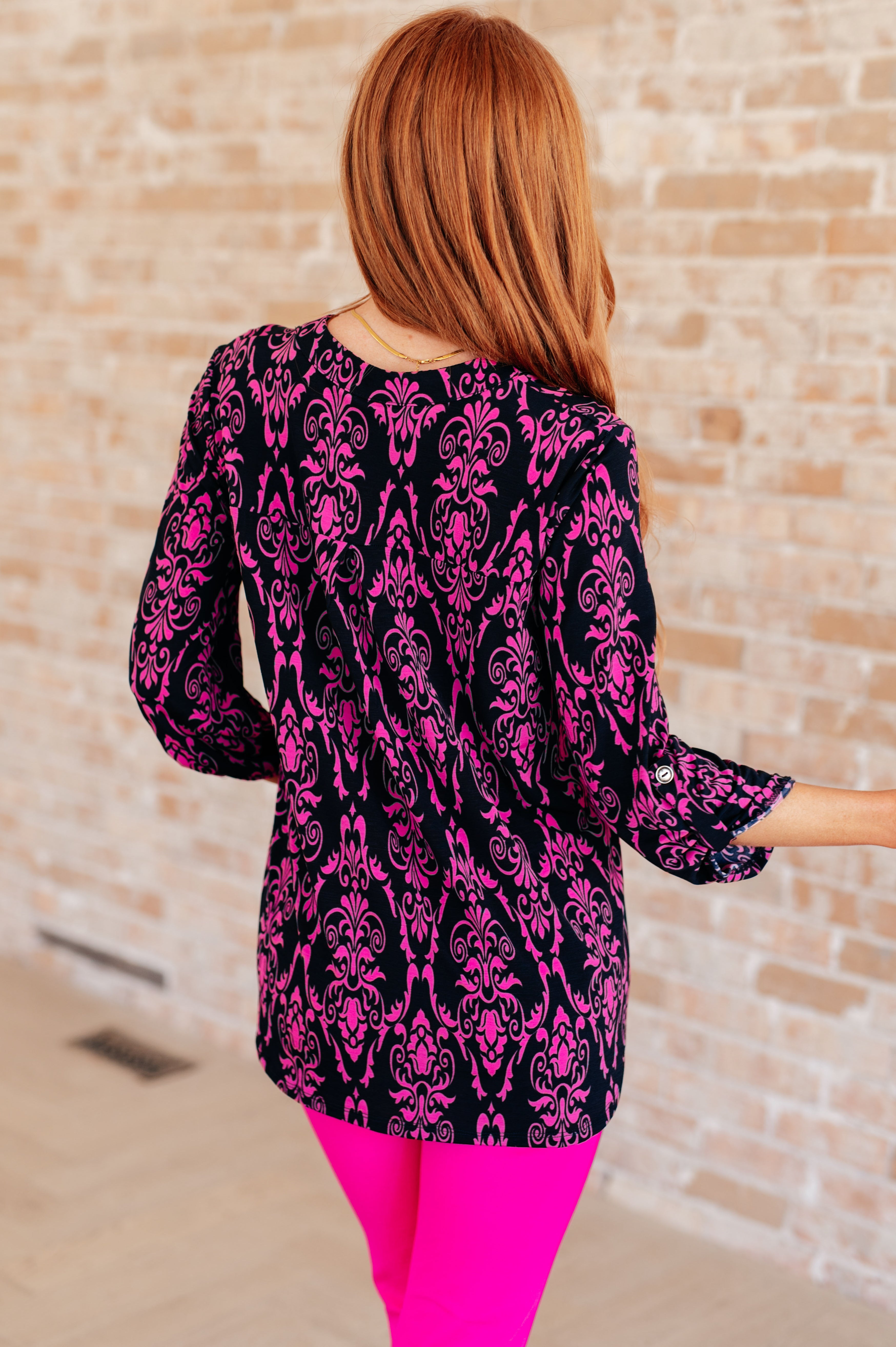 Lizzy Women's Navy & Hot Pink Damask Print Blouse - Stylish Casual Top for Work, Date Night & Everyday Wear
