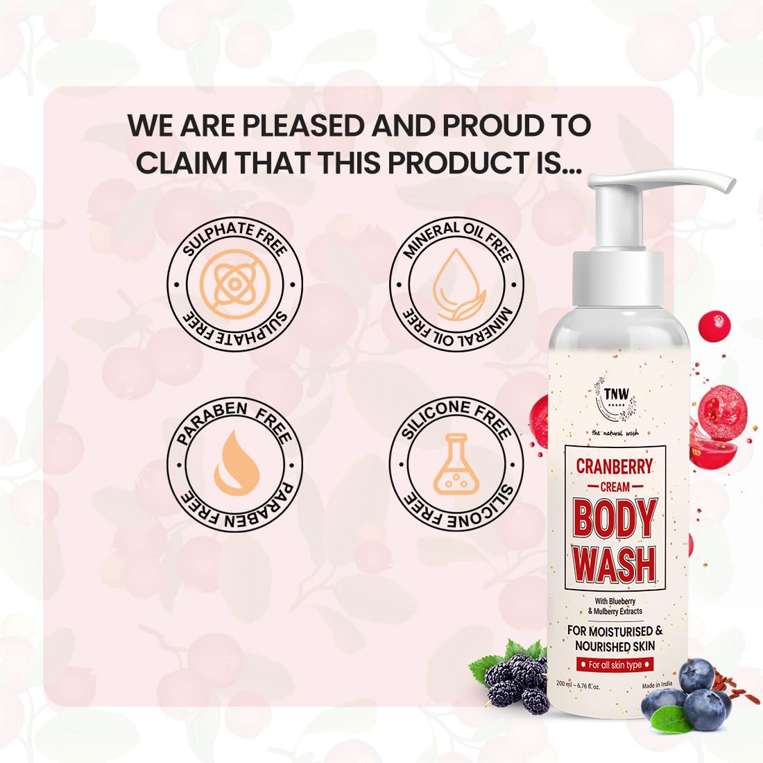 TNW The Natural Wash Cranberry Cream Body Wash - Brightening & Moisturizing for Healthy Skin | Daily Skincare | 200ml | Perfect for Shower & Bath Routine