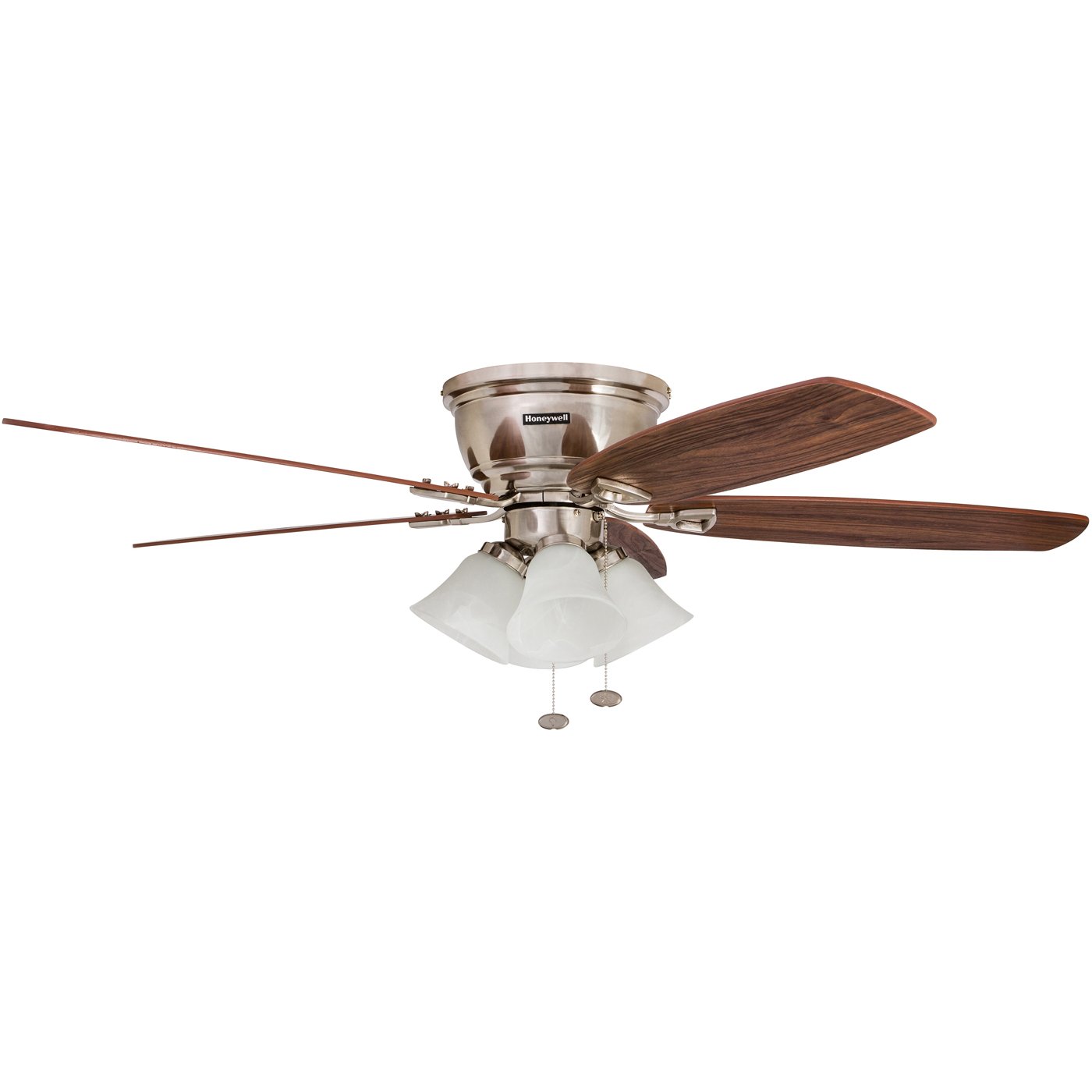 Honeywell 52 Inch Brushed Nickel Ceiling Fan with LED Light - Quick-2-Hang Flush Mount Indoor Fan, Reversible Motor & Dual Finish Blades for Living Room, Bedroom & Office (Model 50182)
