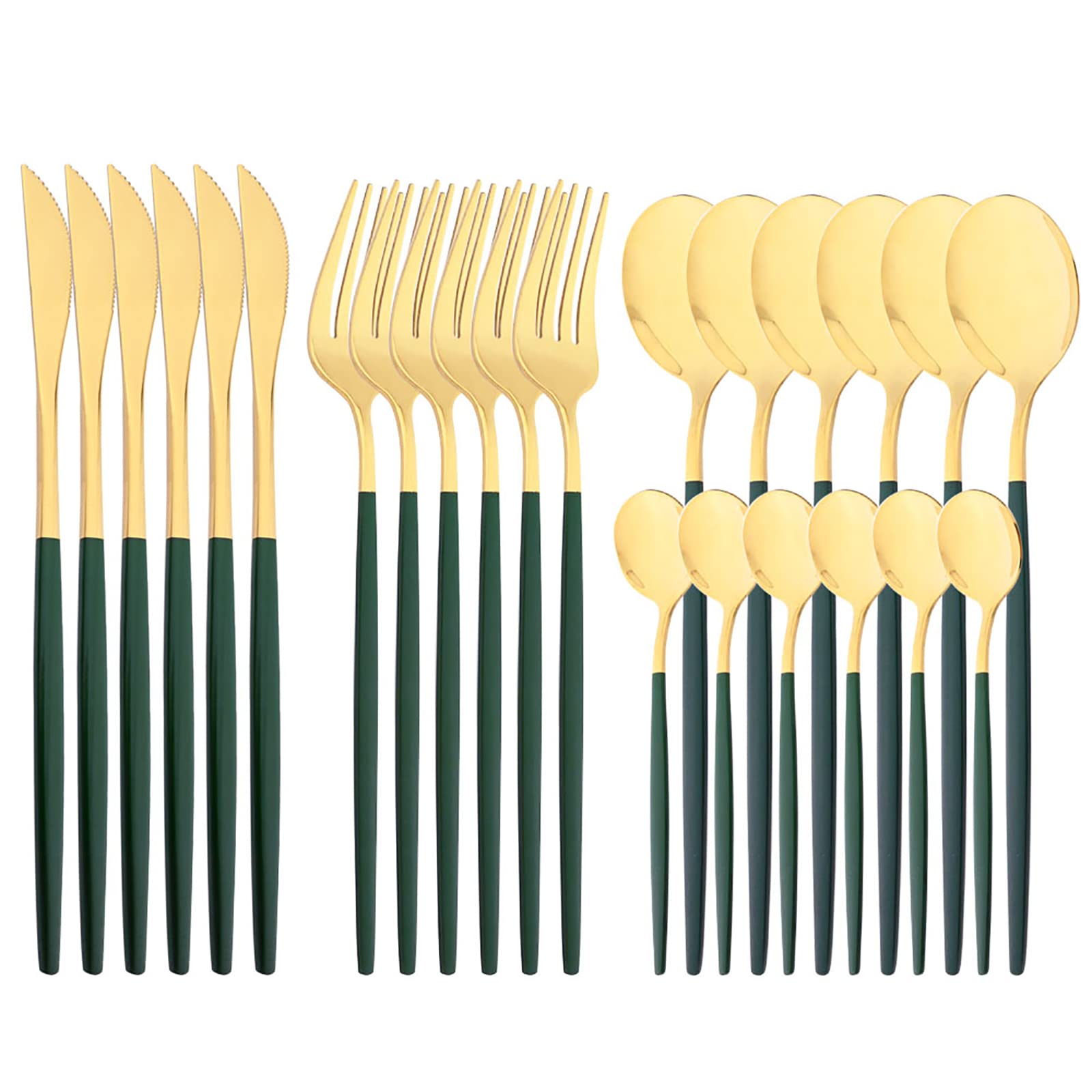 Premium 24-Piece Mirror Cutlery Set - 18/0 Stainless Steel Silverware with Green & Gold Handles - Modern Tableware for Home, Party, Restaurant & Christmas Dinner - Service for 6 - Elegant Dining Utensils for Weddings, Holiday Gatherings & Fine Dining Experiences