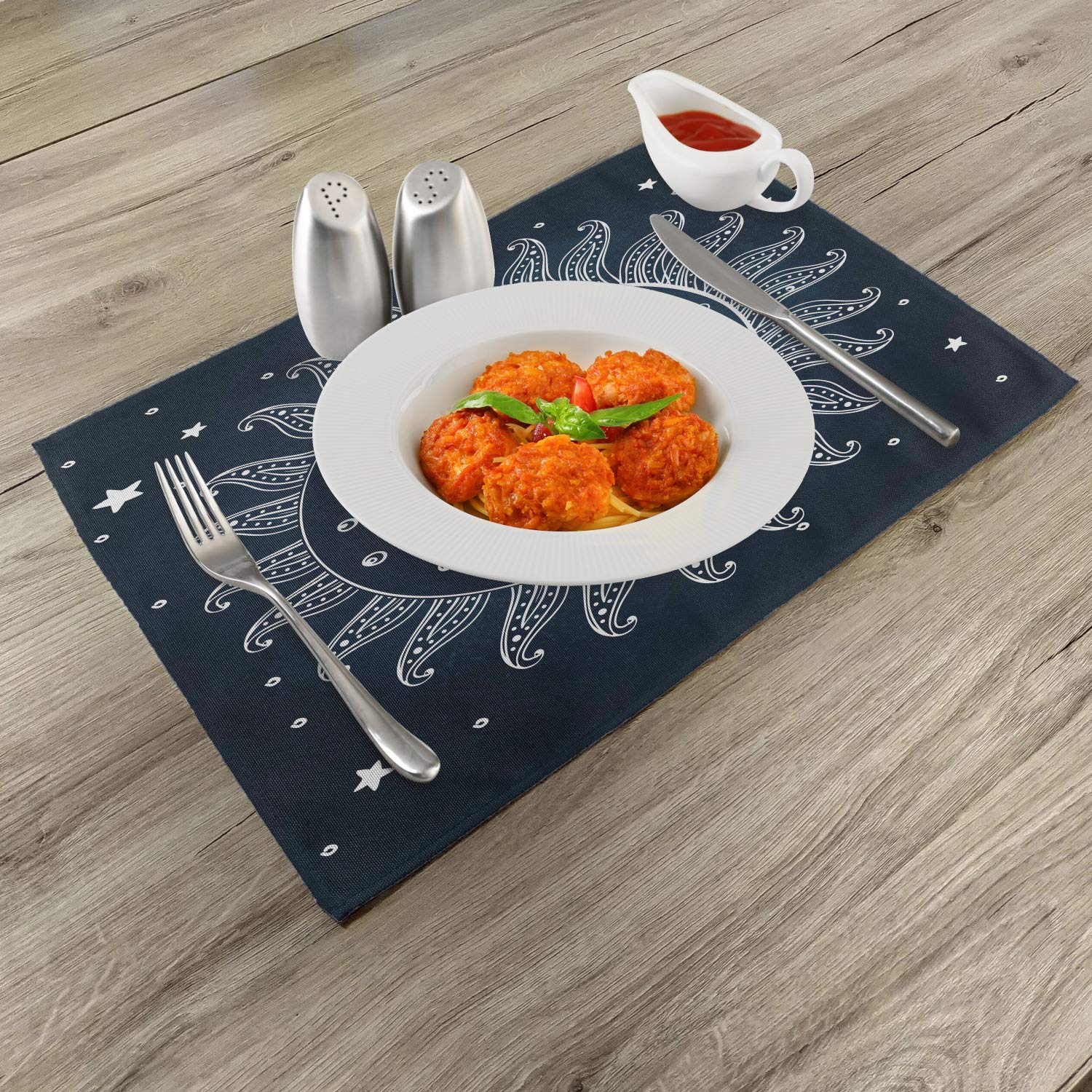 Lunarable Sun and Moon Place Mats Set of 4 - Celestial Theme Washable Fabric Placemats for Dining Room & Kitchen Table Decor in Slate Blue, Dark Blue & White | Perfect for Dinner Parties, Holiday Gatherings & Everyday Use