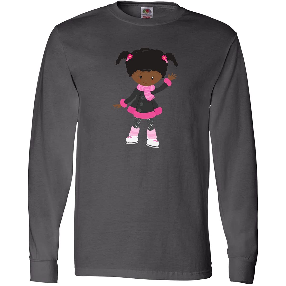 Inktastic African American Girl Ice Skating Graphic Long Sleeve T-Shirt - Cute Winter Sports Apparel for Women & Girls