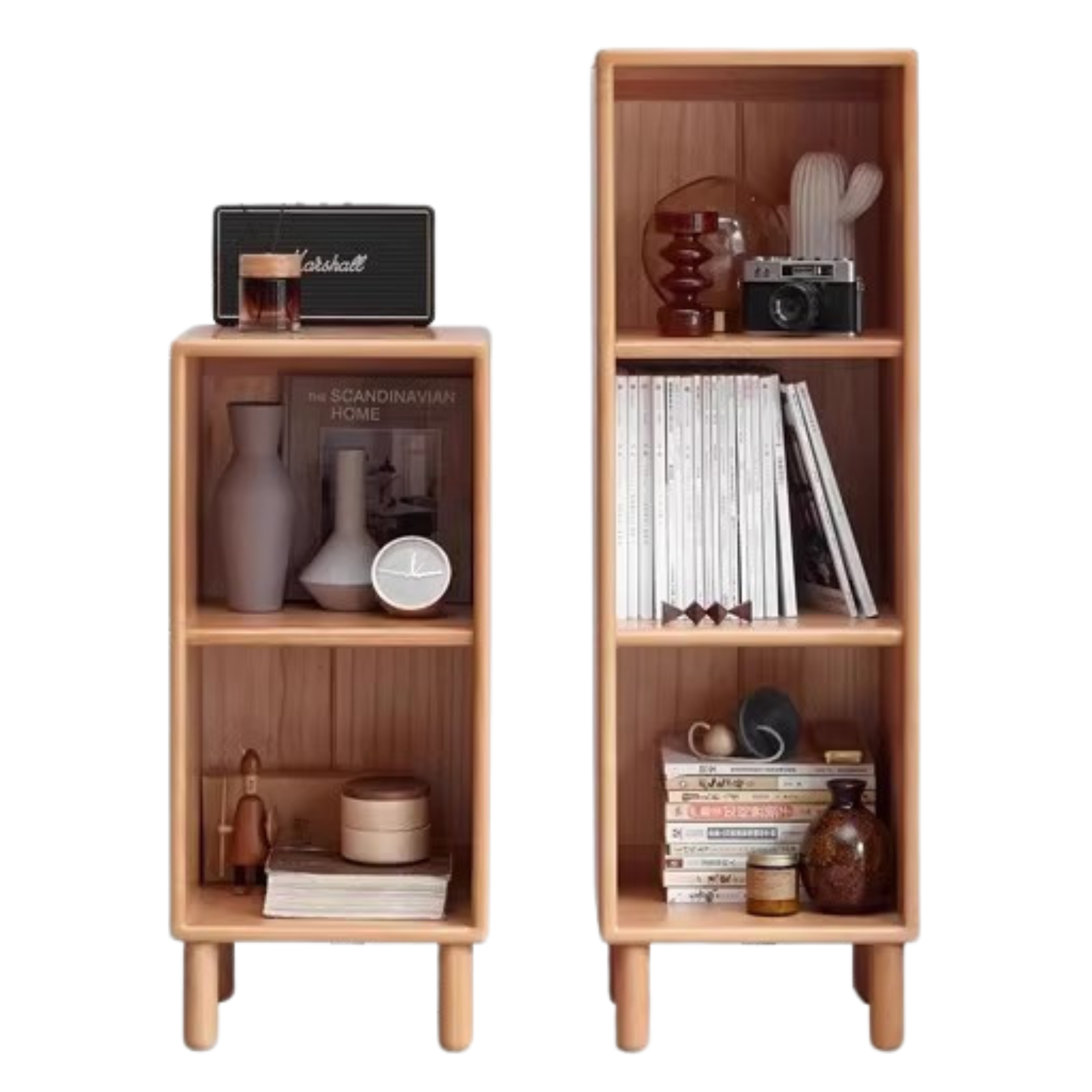 13.8x13.8x31.1 inch / 35.6x35x79.4cm + 13.8x13.8x43.7 inch / 35.6x35x111.7cm / Natural wood color / Bookcase combination