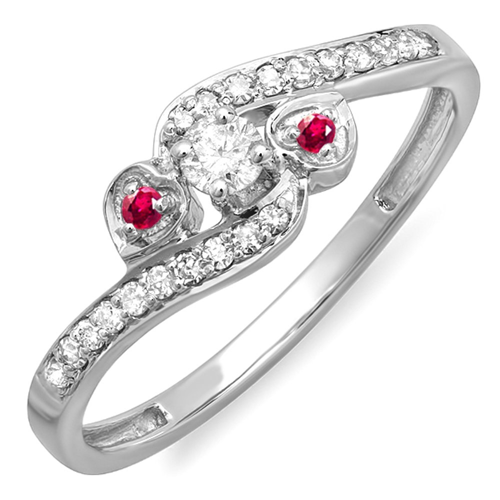 10K Solid White Gold Round Ruby & White Diamond Women's Bridal Engagement Ring - Heart 3 Stone Swirl Promise Ring for Weddings, Anniversaries & Special Occasions | Dazzlingrock Collection