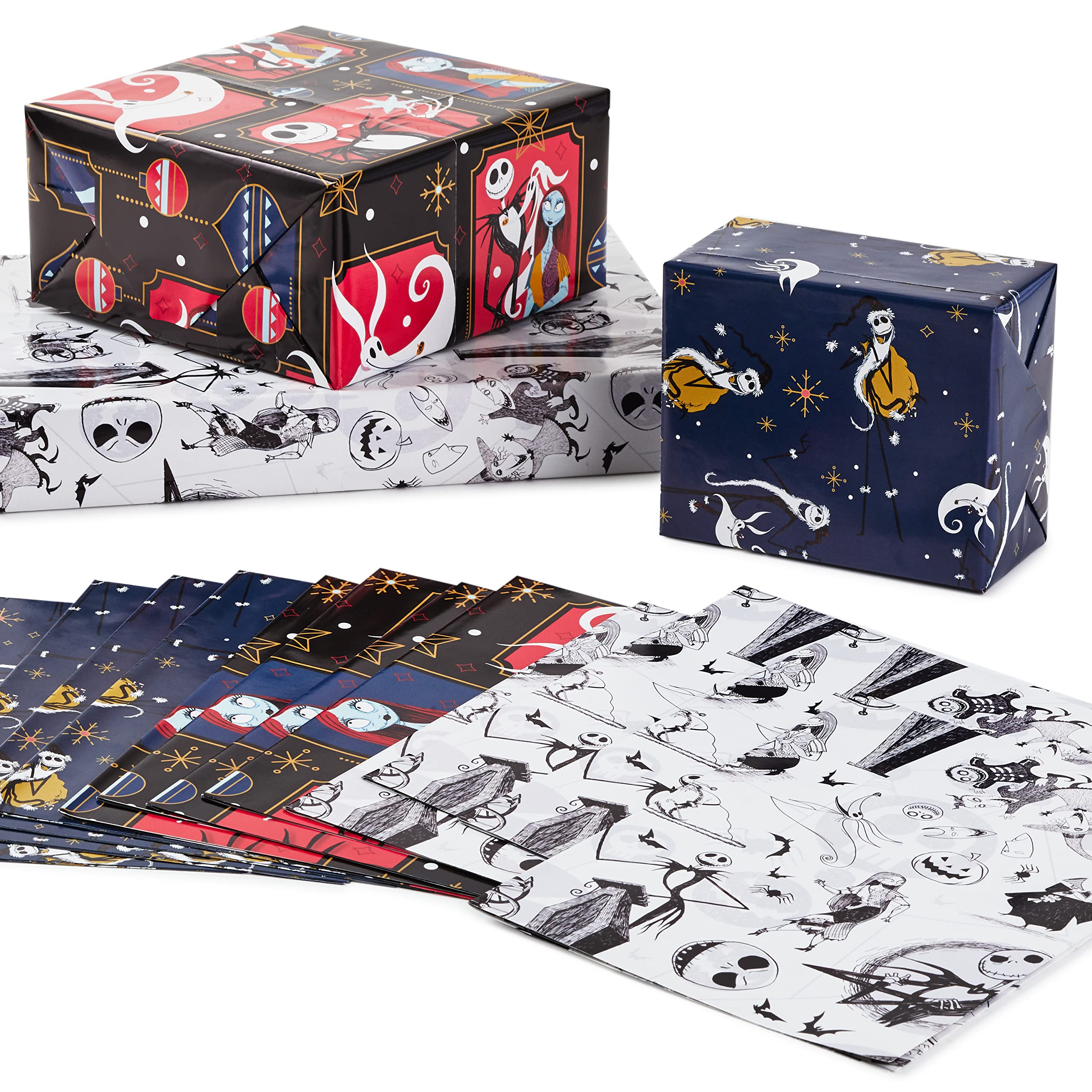 Hallmark Nightmare Before Christmas Wrapping Paper & Gift Bags Set - 12 Sheets & 3 Bags for Halloween, Christmas, Birthday Gifts - Perfect for Holiday Parties, Gift Exchanges & Themed Celebrations