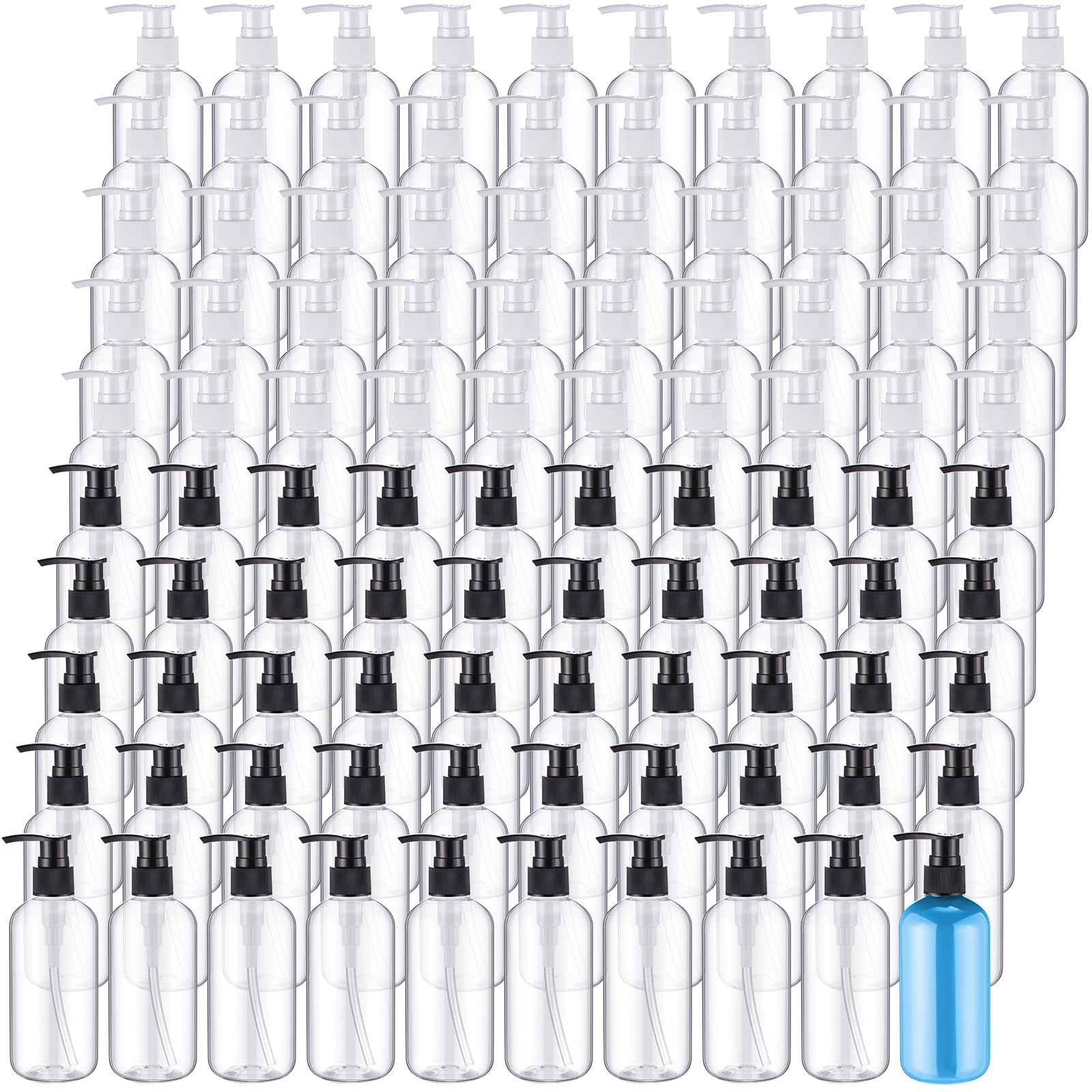 150 Pack 8 oz Clear Plastic Pump Bottles - Leakproof Refillable Dispenser for Shampoo, Conditioner, Body Wash & Liquid Soap (Black/White) - Perfect for Salon, Spa, Home & Travel Use