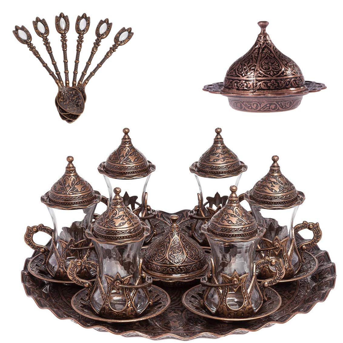 Handmade Turkish Tea Set - Copper Zamzam Serving Glasses, Saucer, Tray & Spoon - Traditional Tea Ceremony Gift for Home & Hospitality Use