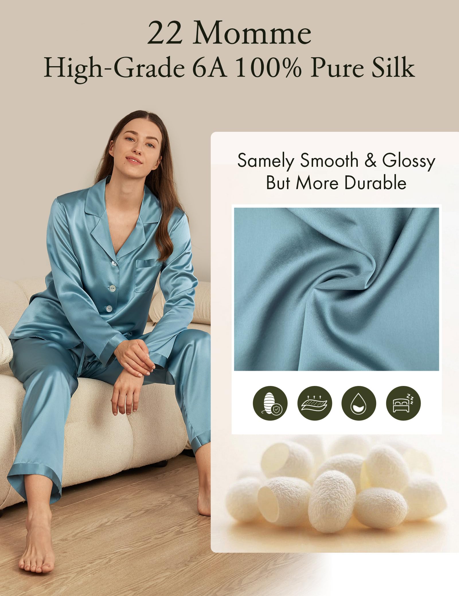 Luxury 100% Mulberry Silk Pajamas for Women - 22 Momme Pure Long Sleeve Full Length Nightwear | Soft & Breathable Sleepwear for Comfortable Nights, Bridal Shower Gift, Anniversary Present