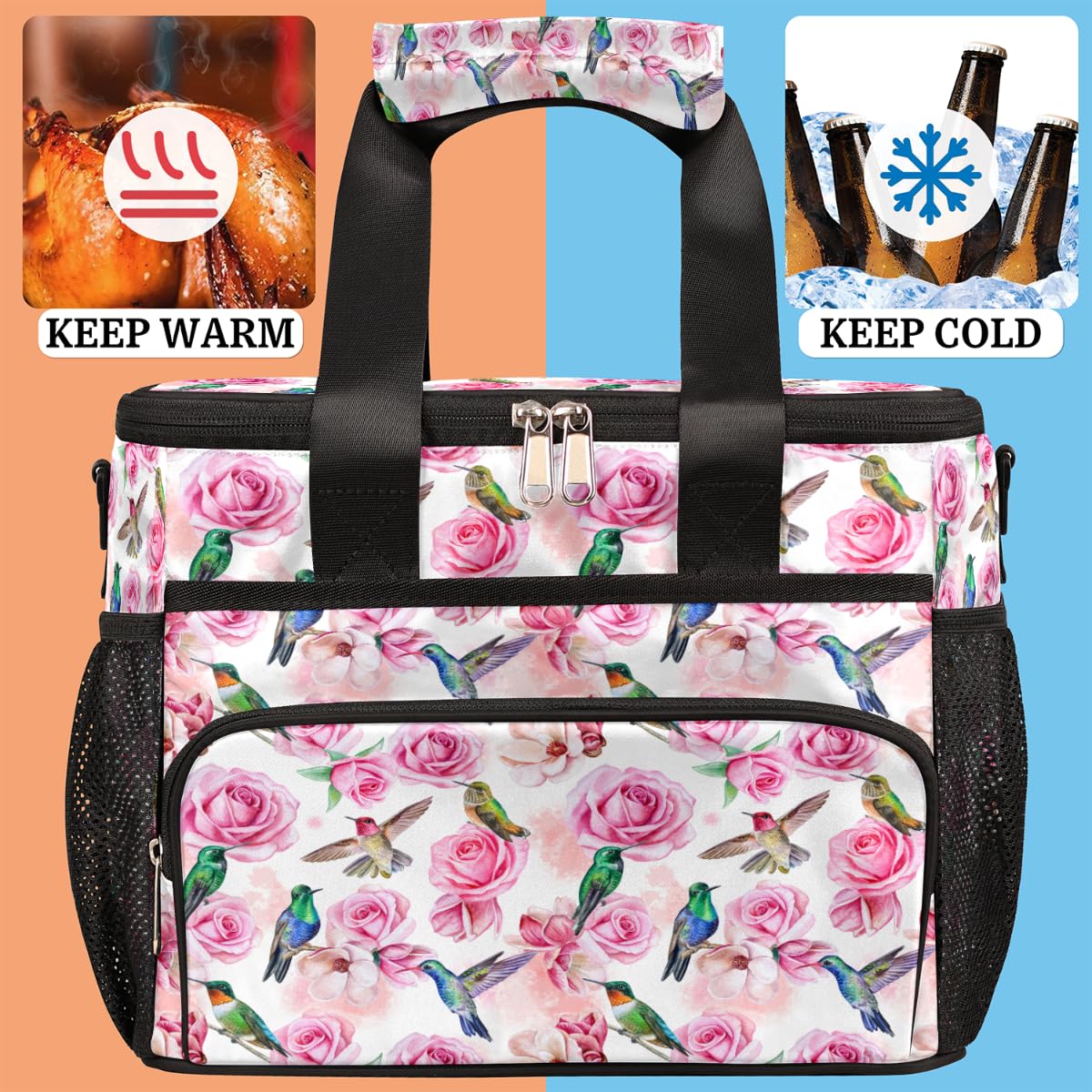 Insulated Lunch Bag with Adjustable Shoulder Strap - Leakproof Reusable Cooler Tote for Women & Men | Hummingbird Floral Design | Large Freezable Lunch Box for Work, Picnic, Beach & Outdoor Activities