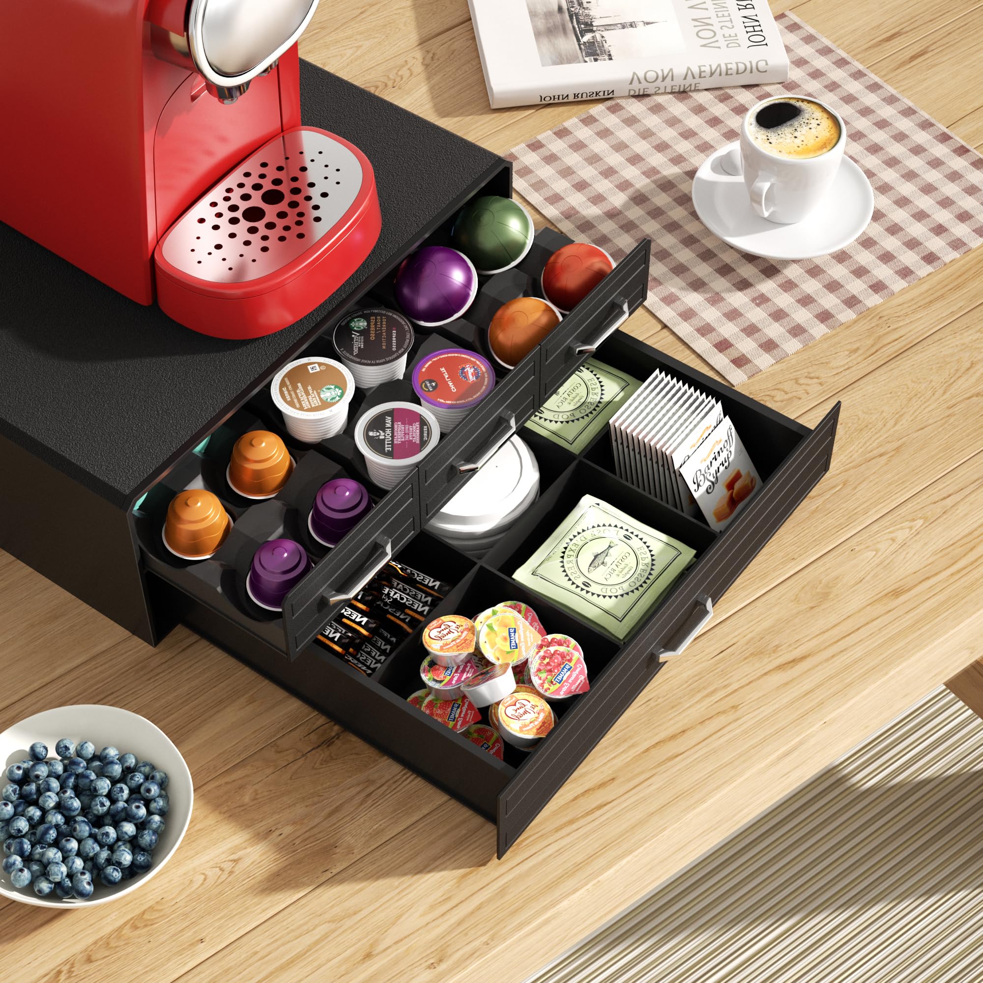 SZQINJI K Cup Holder Drawer - 60/88 Pod Capacity Coffee Pod Organizer | Compatible with Keurig K Cups, Nespresso VertuoLine & OriginalLine | Space-Saving Black Coffee Storage for Kitchen Countertops & Office Break Rooms