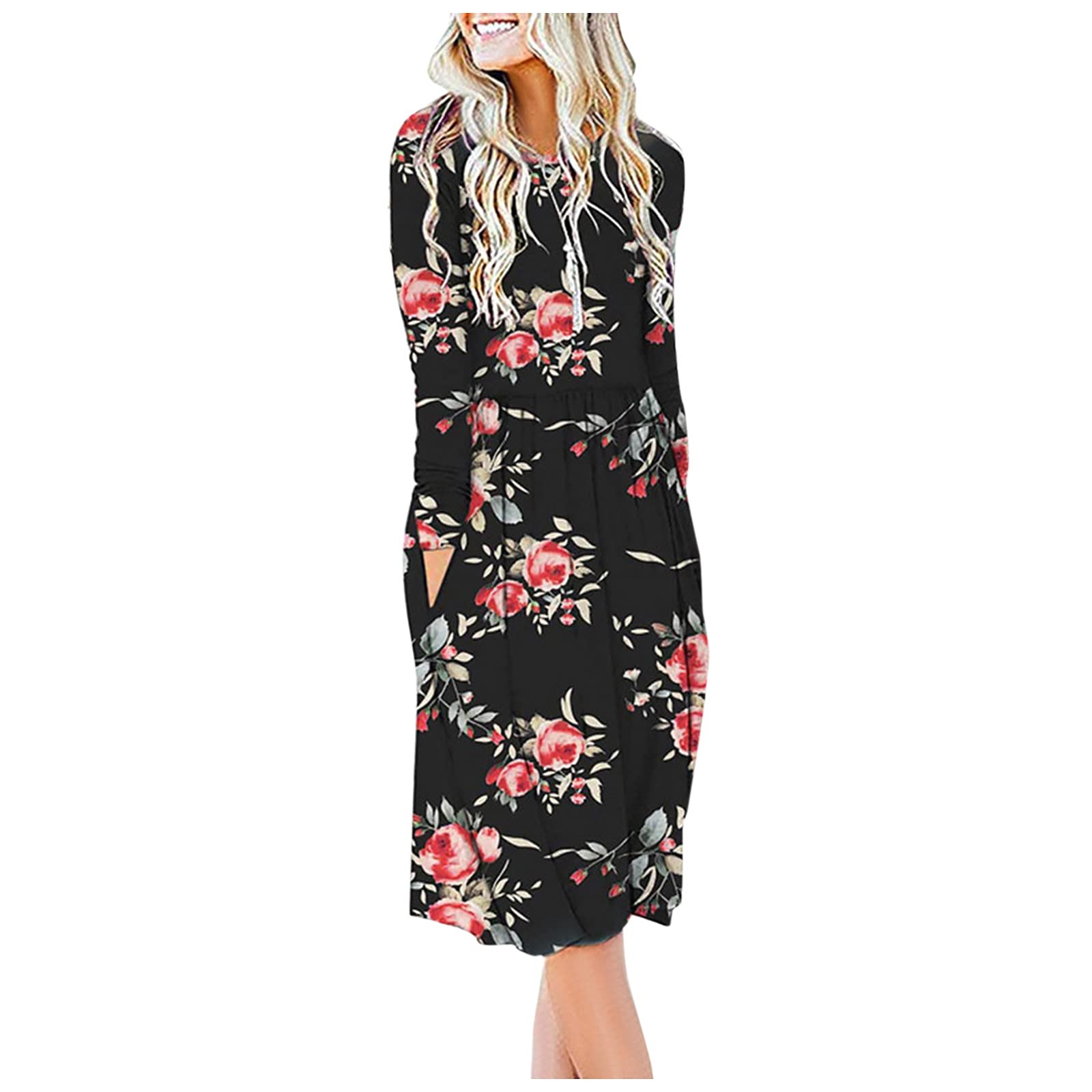 Smooto Women's Bohemian Floral Summer Dress - V Neck, Ruffle Sleeve, Tunic Mini Beach Dress, Flowy Casual Long Sleeve with Front Tie & Lace Detail (Black, Size S) | Perfect for Beach Vacations, Summer Parties & Maternity Wear