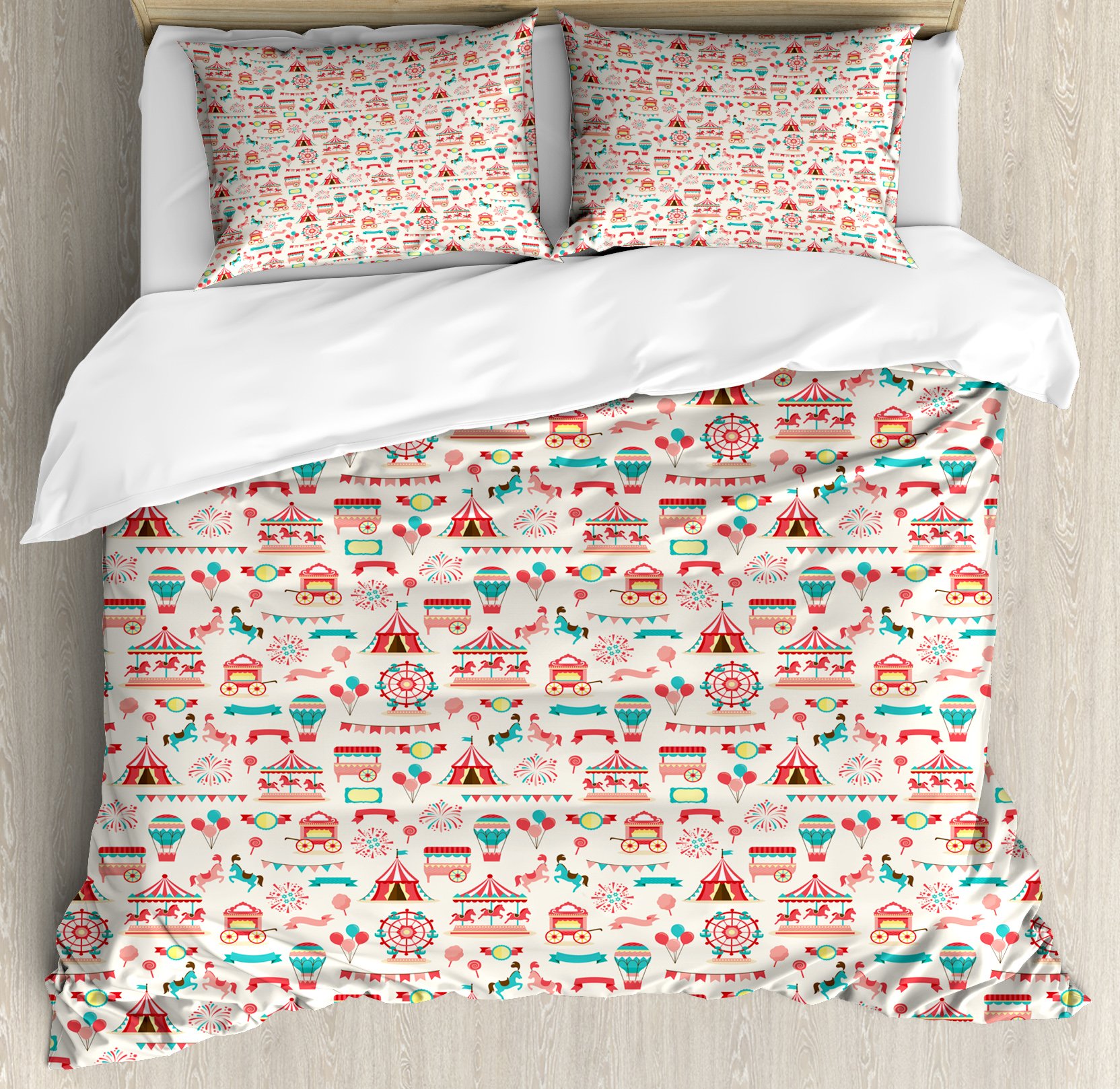 Lunarable Vintage Circus Duvet Cover Set - King Size 3-Piece Bedding with Carnival Ferris Wheel, Carousel & Balloons Design, Dark Coral Seafoam | Perfect for Kids' Rooms, Themed Bedrooms & Circus Lovers
