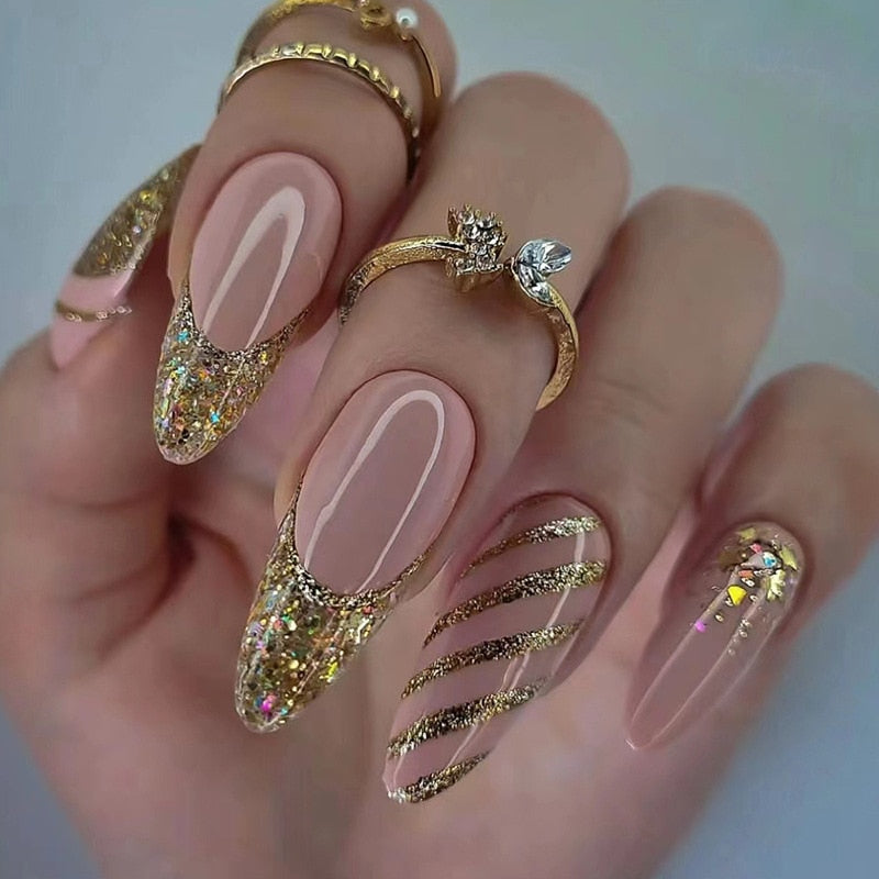 24-Piece Detachable Long Stiletto Fake Nails with Glitter Designs - French False Nails with Glue - Almond-Shaped Press-On Artificial Nails for Parties, Weddings & Special Occasions