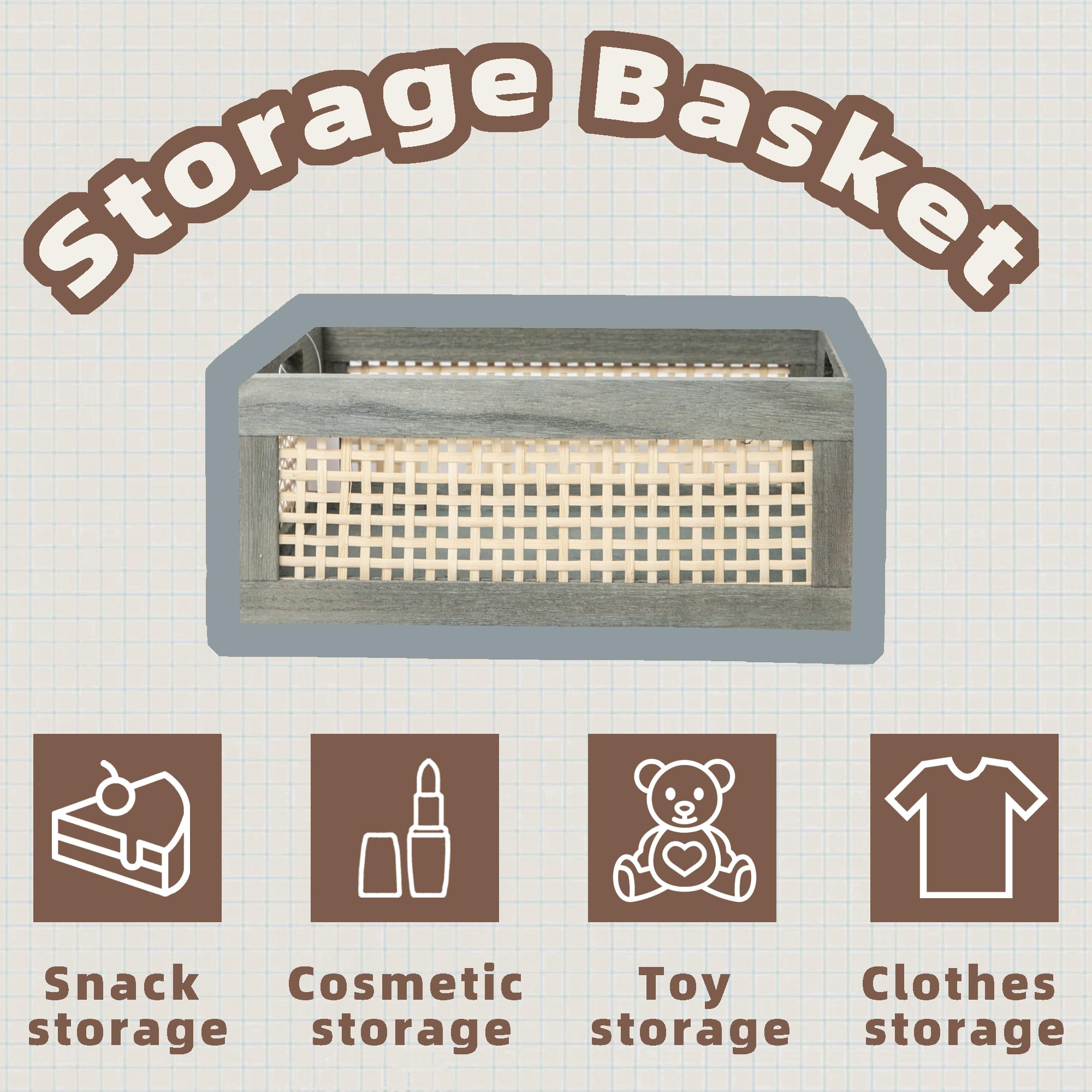 Grey Wooden Storage Baskets with Handles - Square Bamboo Organizer Bins for Shelves, Toys & Towels | Decorative Home Storage Solution for Bedroom, Bathroom & Living Room | Empty Gift Basket (Grey)