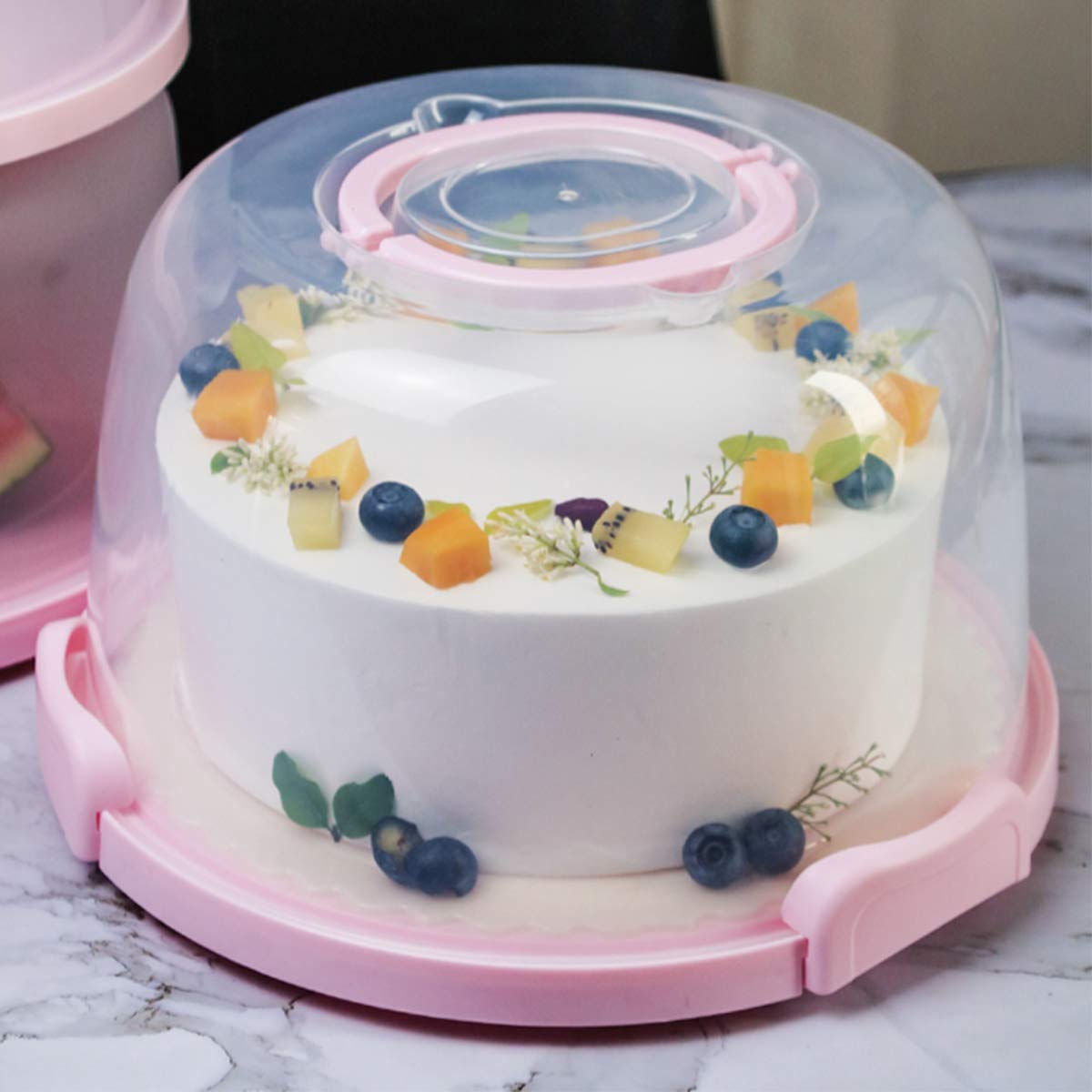 Pink 10-Inch Collapsible Handle Cake Carrier - Plastic Cupcake & Dessert Transport Container for Pies, Cookies, Cakes, Torte - Perfect for Birthday Parties, Bakery Delivery & Picnics