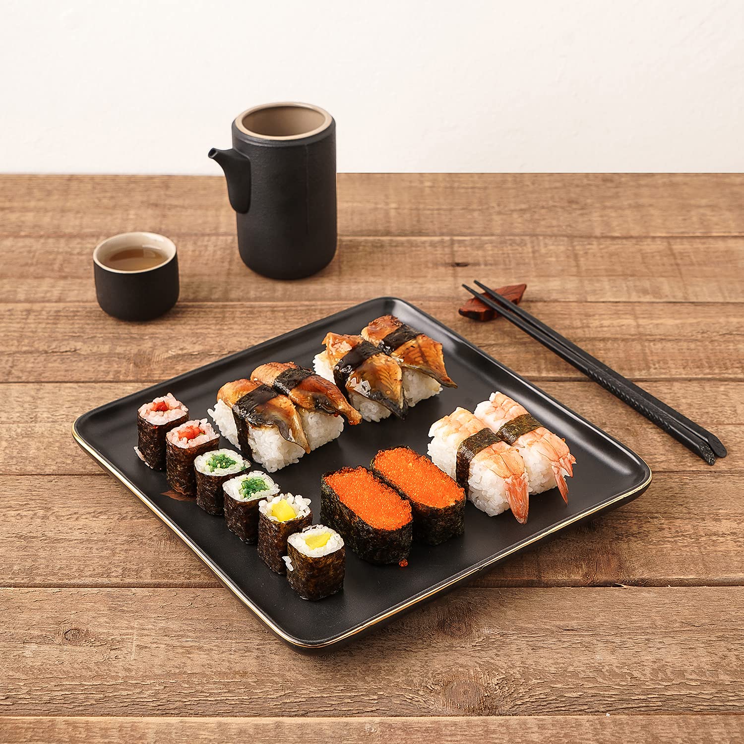 Premium Black & Gold Leaf Porcelain Dinnerware Set - 16-Piece Square Plates & Bowls for 4 People - Elegant Stone Lain Tableware for Fine Dining, Dinner Parties & Home Decor