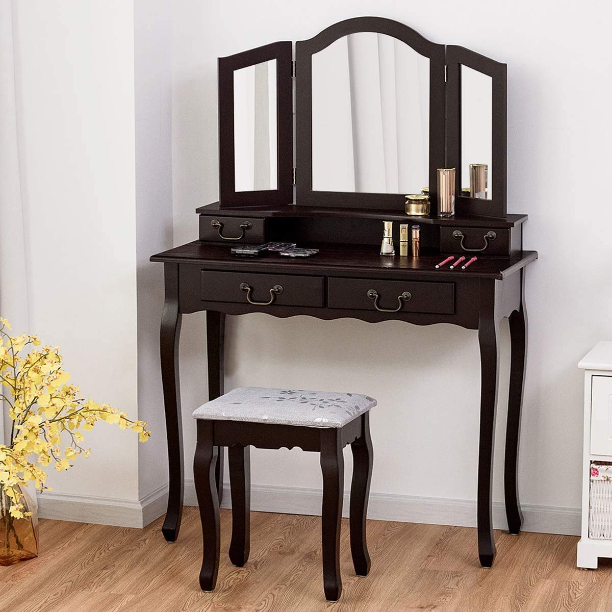 Tri-Fold Vanity Table Set with 4 Drawers & Adjustable Mirror - Detachable Top Writing Desk & Comfortable Stool - Perfect for Makeup, Dressing Room, Home Office, and Coffee Corner