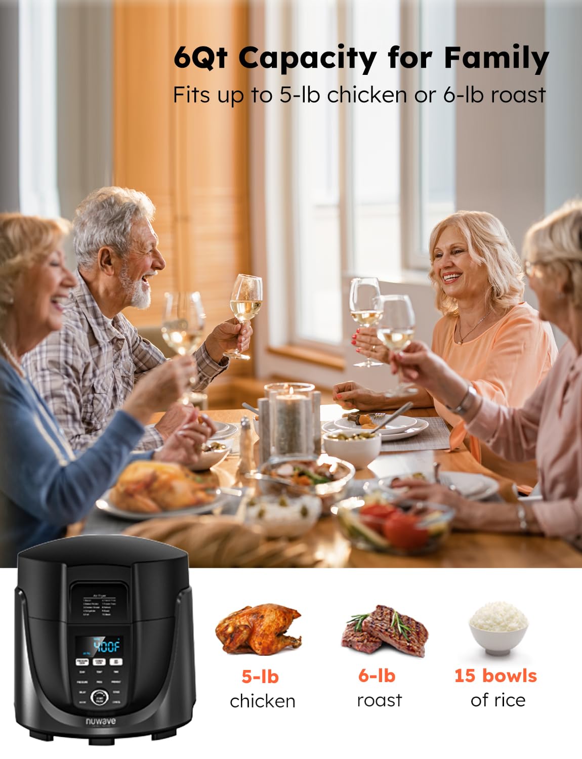 Nuwave Duet 6QT Air Fryer and Electric Pressure Cooker Combo - 2 Switchable Lids, 300 One-Touch Presets, Crisp & Tender Technology, Stainless Steel Pot, 15 Safety Features | Perfect for Healthy Cooking, Meal Prep, and Family Dinners