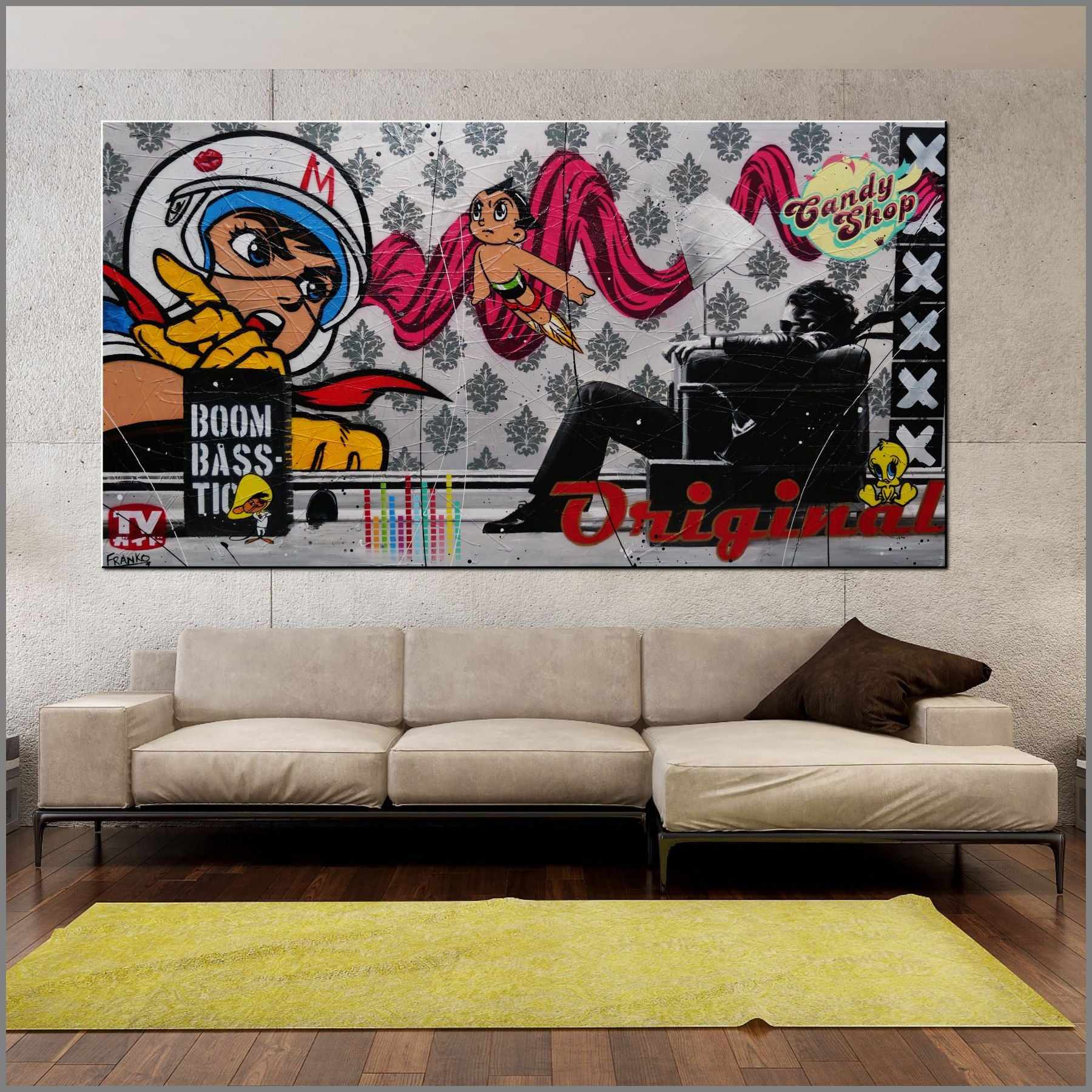 Boomtastic 190x100cm Blown Away Guy Textured Urban Pop Art Canvas Painting - Modern Wall Decor for Living Room, Bedroom & Office