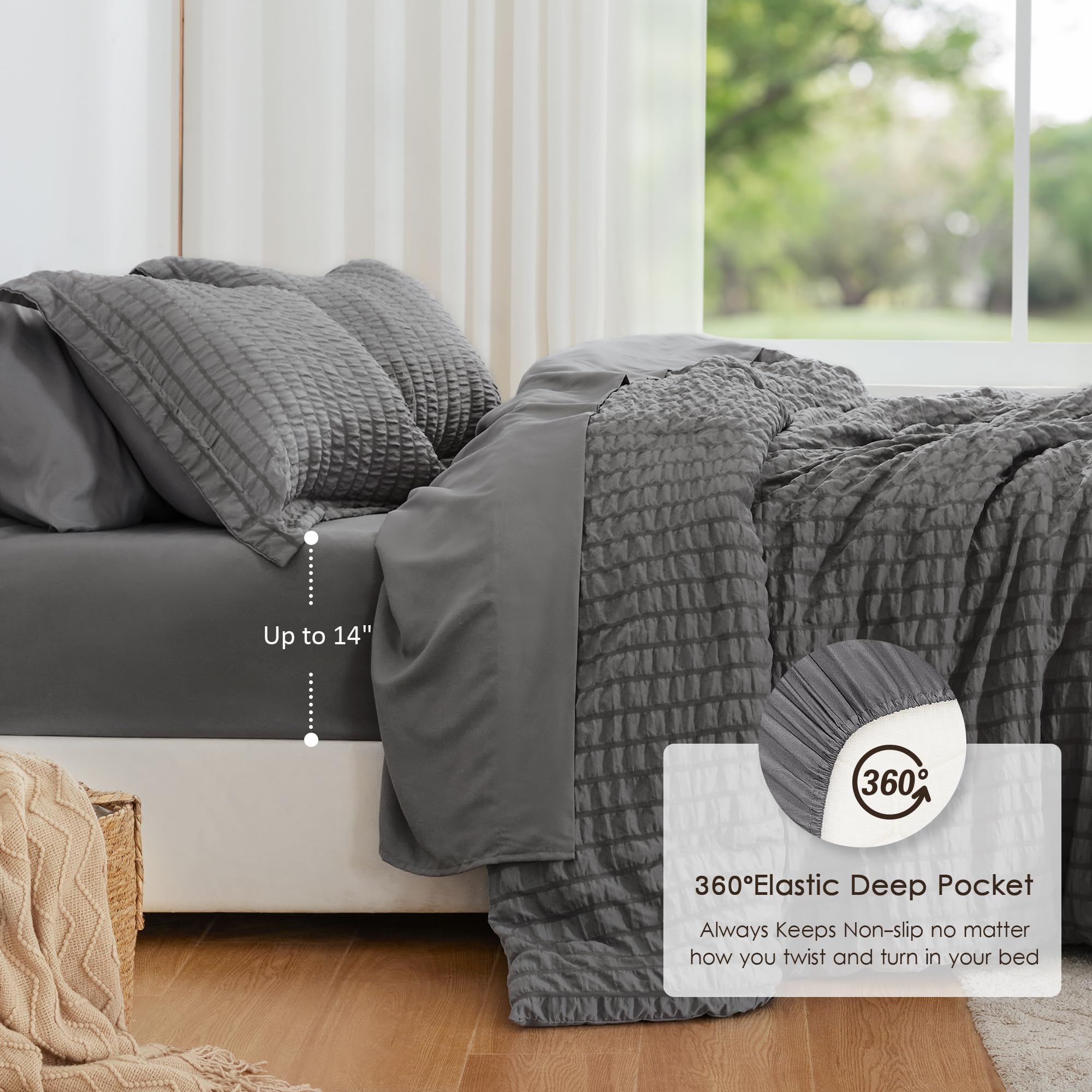 Love's Cabin Seersucker Dark Grey Queen Comforter Set - 7 Piece All Season Bedding Set Includes Comforter, Flat Sheet, Fitted Sheet & Pillowcases | Perfect for Master Bedroom, Guest Room & Vacation Homes