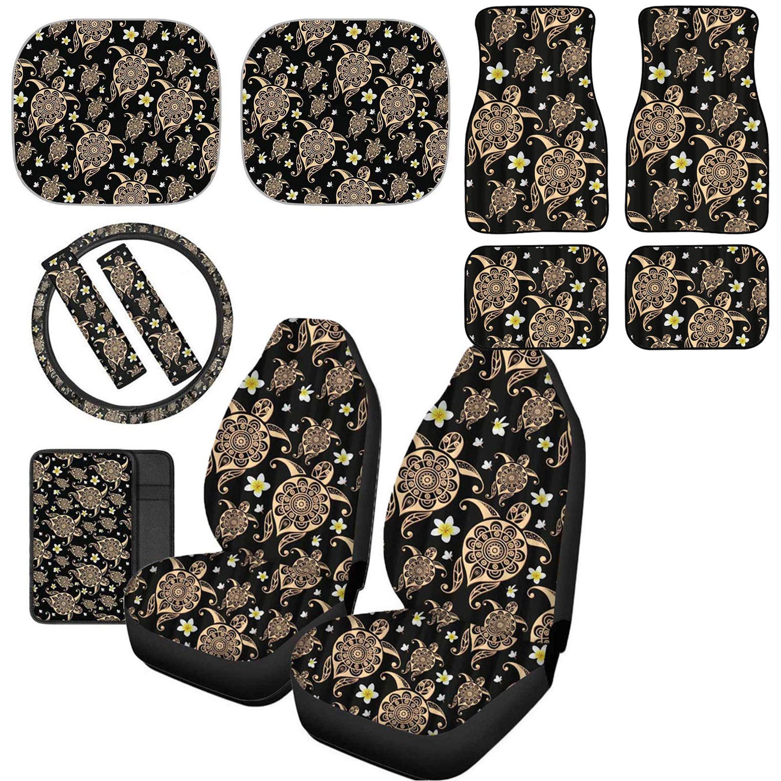 FKELYI Boho Mandala Floral Car Interior Accessories Set - Turtle Design Seat Covers, Sunshade, Armrest Cushion, Steering Wheel Cover, Seat Belt Pads & Floor Mats for Cars, SUVs & Trucks | Stylish & Protective Upgrade for Road Trips & Daily Commutes