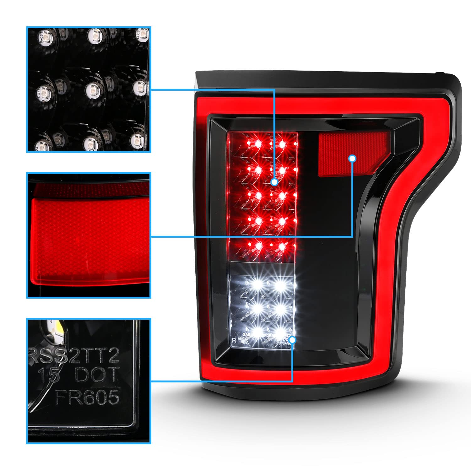 2015-2017 Ford F150 LED Tail Lights - AmeriLite 3D C-Type Dark Black Tube Style Full LED Tail Light Assembly Pair (Driver & Passenger Side) | Enhanced Night Visibility & Modern Look for Your Pickup Truck