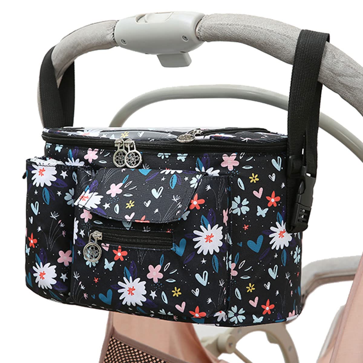 Large Capacity Stroller Organizer with Multi Compartment - Baby Pram Storage Bag for Diapers, Toys & Snacks | Includes Phone Pocket & Adjustable Shoulder Strap (Black) | Perfect for Shopping, Travel & Daily Walks with Baby