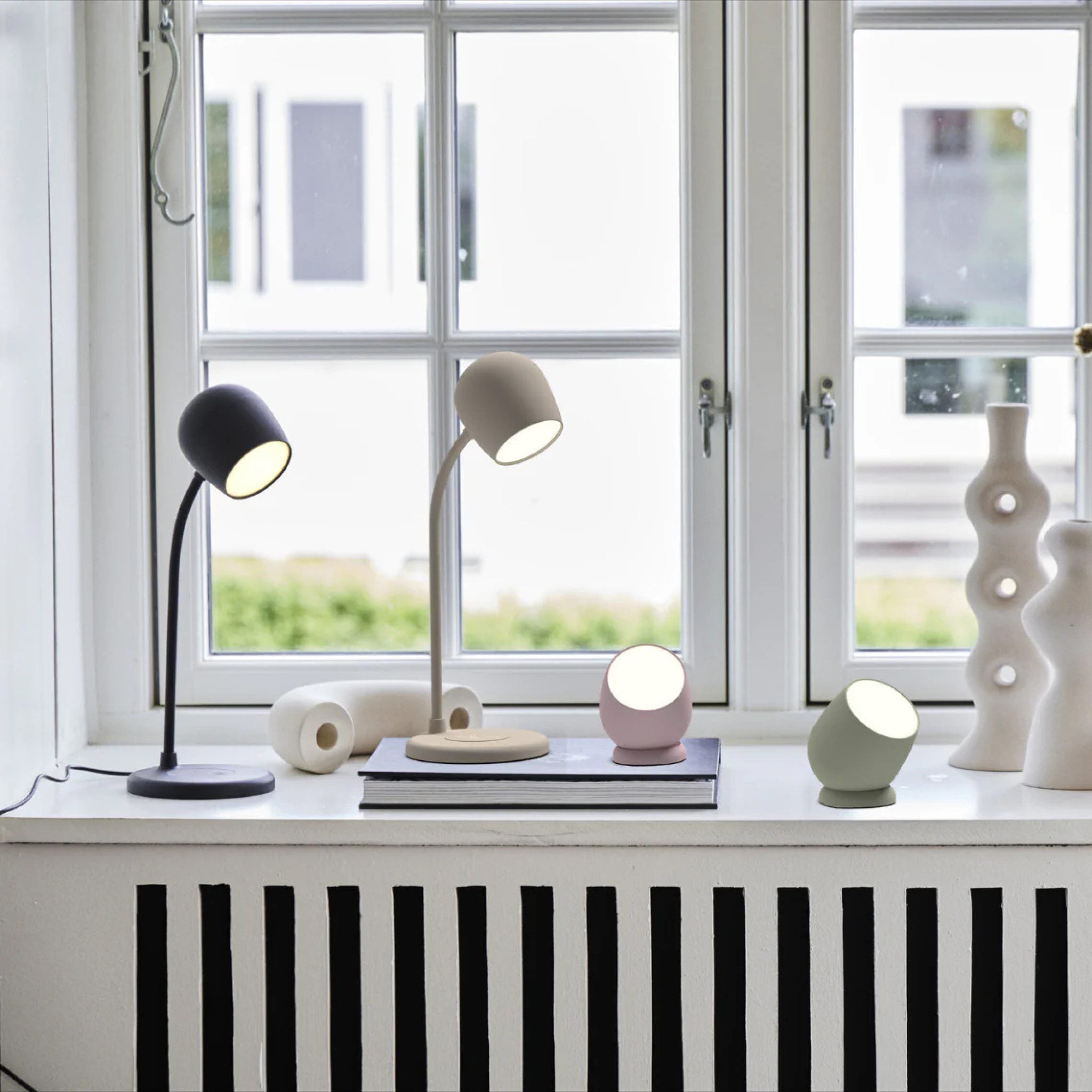 KREAFUNK Ellie Desk Lamp with Bluetooth Speaker & Wireless Charger - Modern Ivory Sand Color for Home Office, Bedroom, and Study Room Lighting