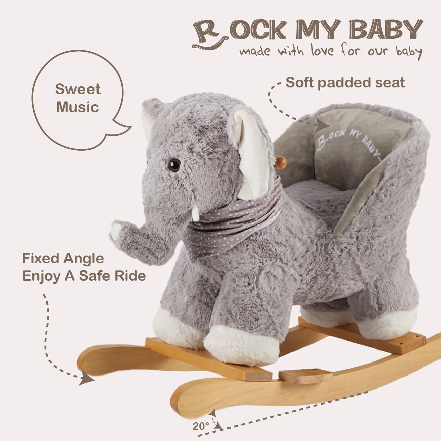 Plush Gray Elephant Rocking Horse with Chair - Soft Stuffed Baby Rocker with Sweet Music, CPC Certified - Perfect for Toddlers' Playroom, Nursery Decor & First Birthday Gifts