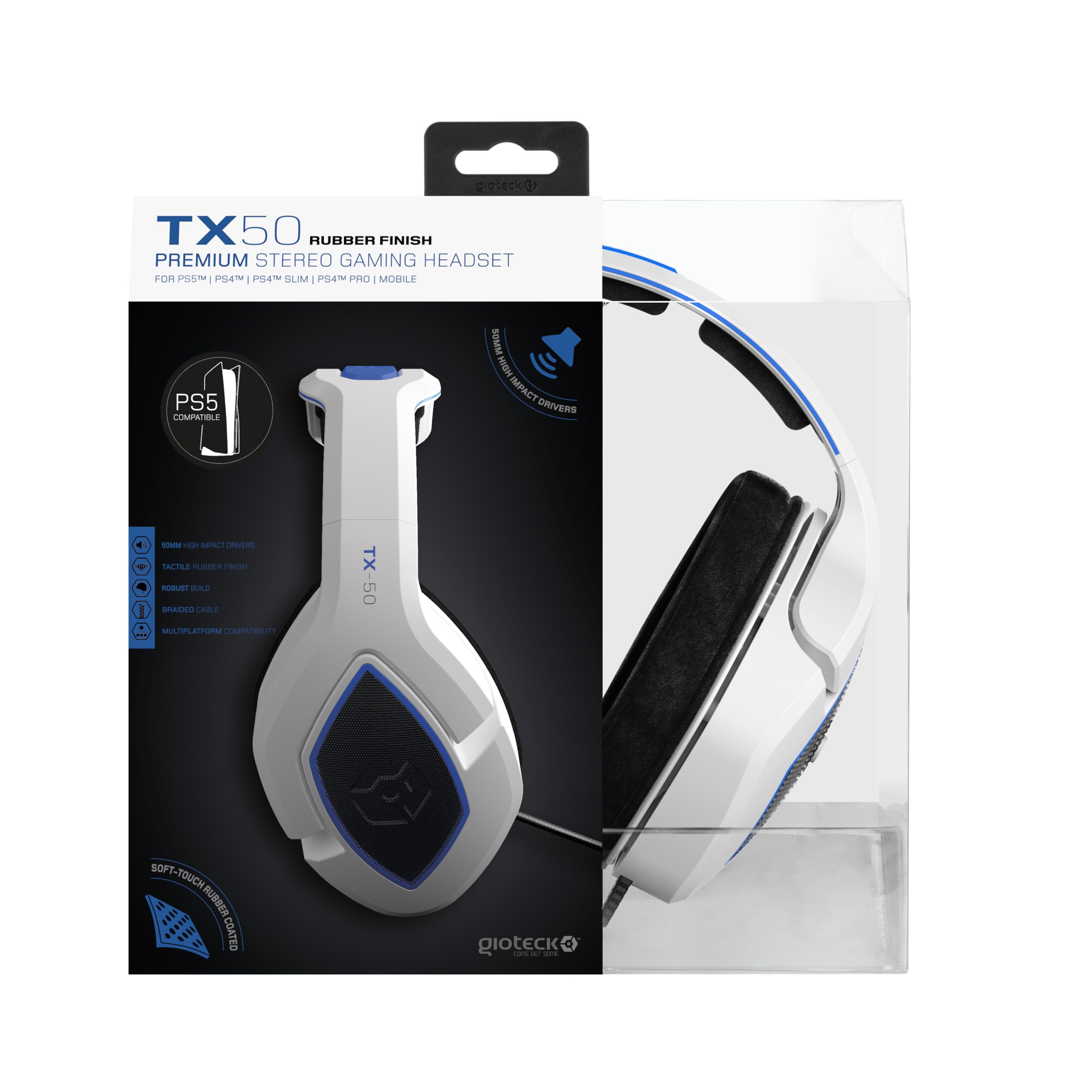 Gioteck TX-50 Wired Stereo Gaming Headset for PS5 - White & Blue - Noise Cancelling Mic, Comfortable Ear Cushions - Perfect for Competitive Gaming & Late Night Sessions