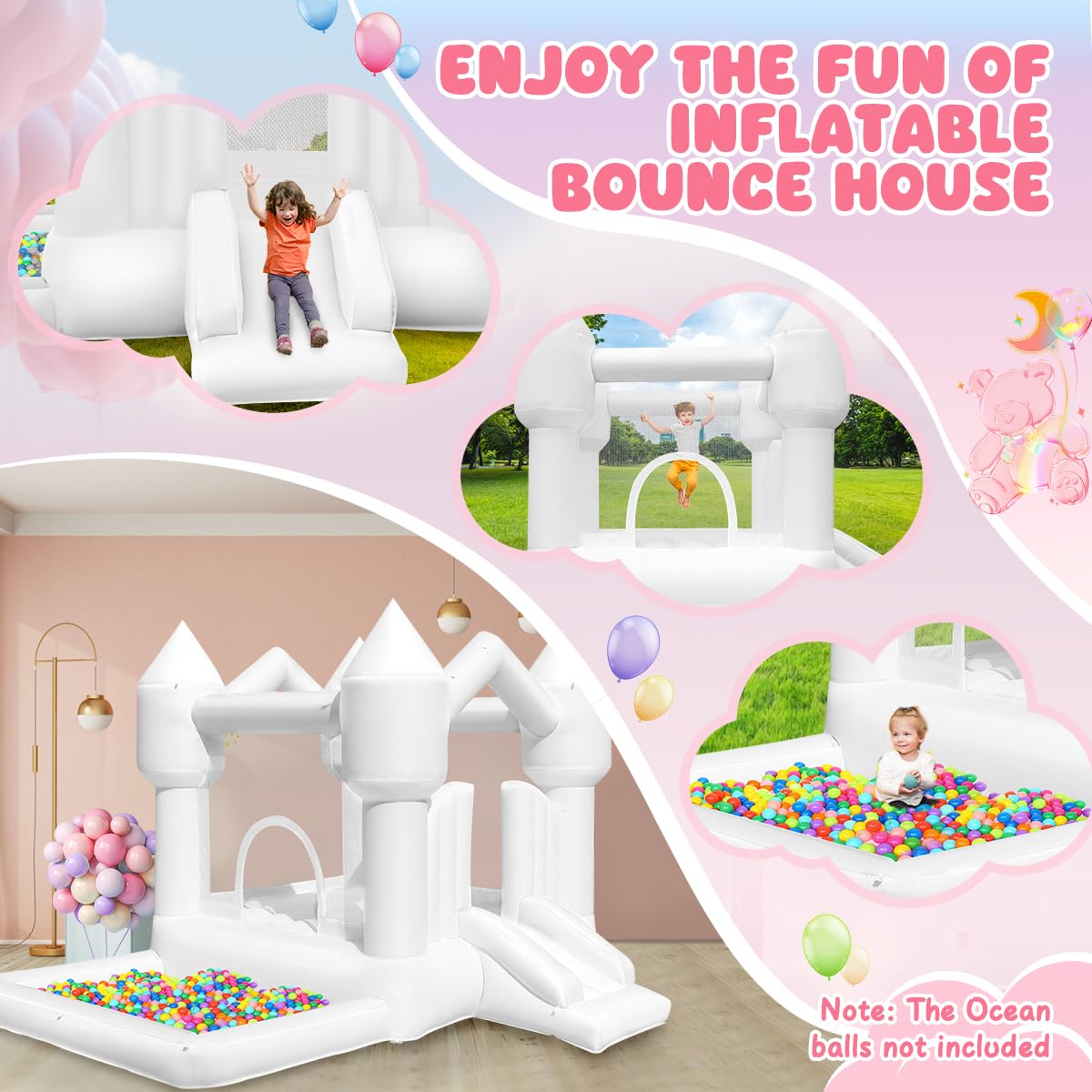 **Inflatable Bounce House for Kids with Slide - White Bouncy Castle for Birthday Parties, Weddings, Backyard & Indoor/Outdoor Fun (Includes Blower) - Perfect for Playdates, Events & Family Gatherings**
